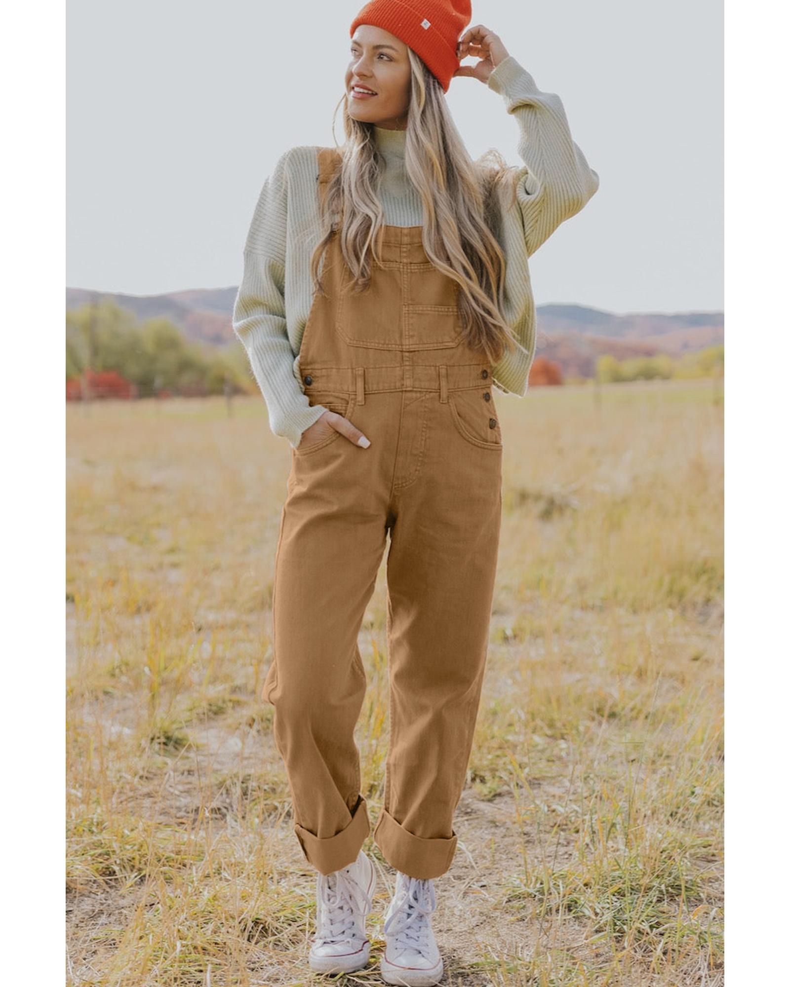 Khaki Vintage Multi Pockets Buckle Strap Cargo Denim Overalls - L