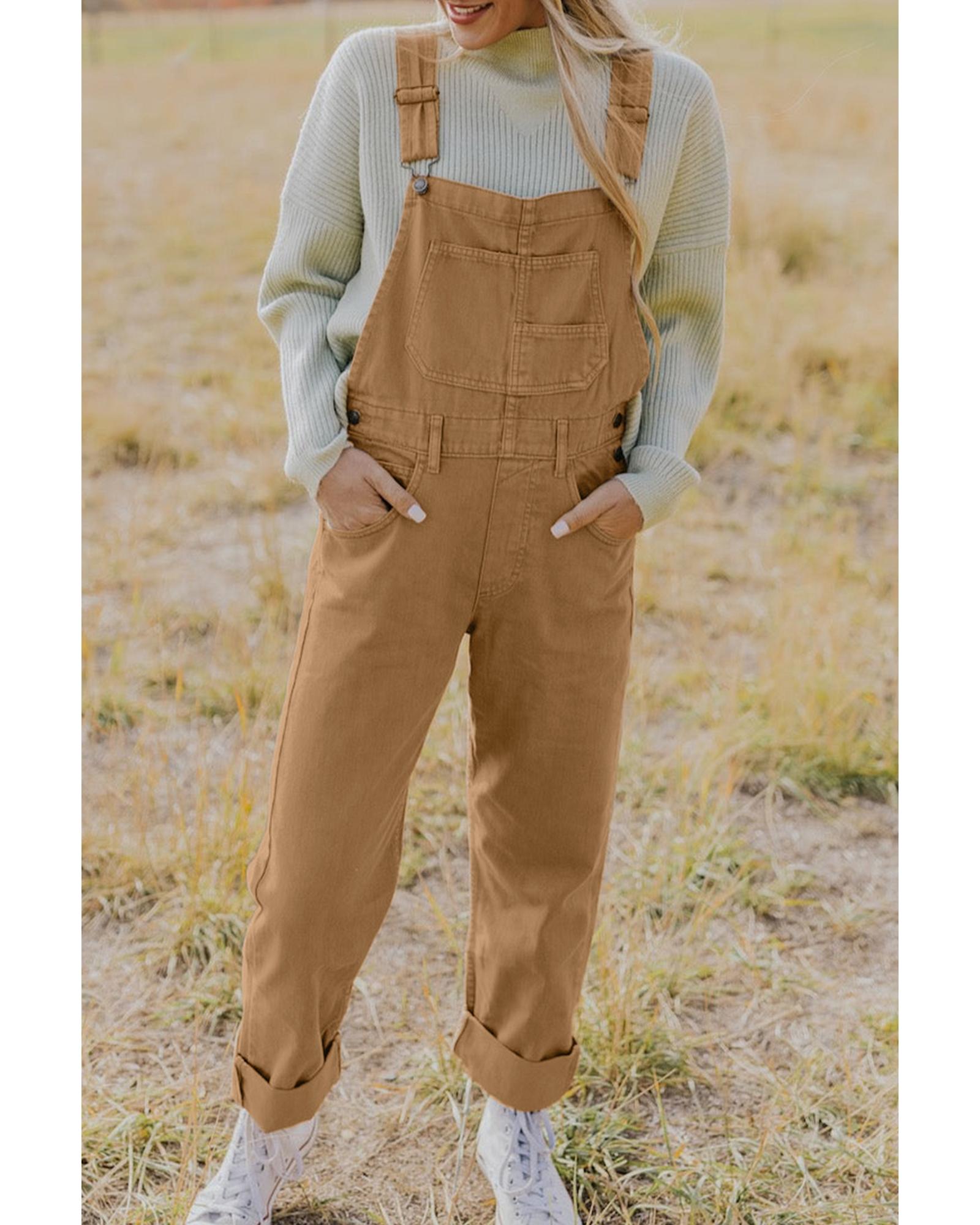 Khaki Vintage Multi Pockets Buckle Strap Cargo Denim Overalls - XL