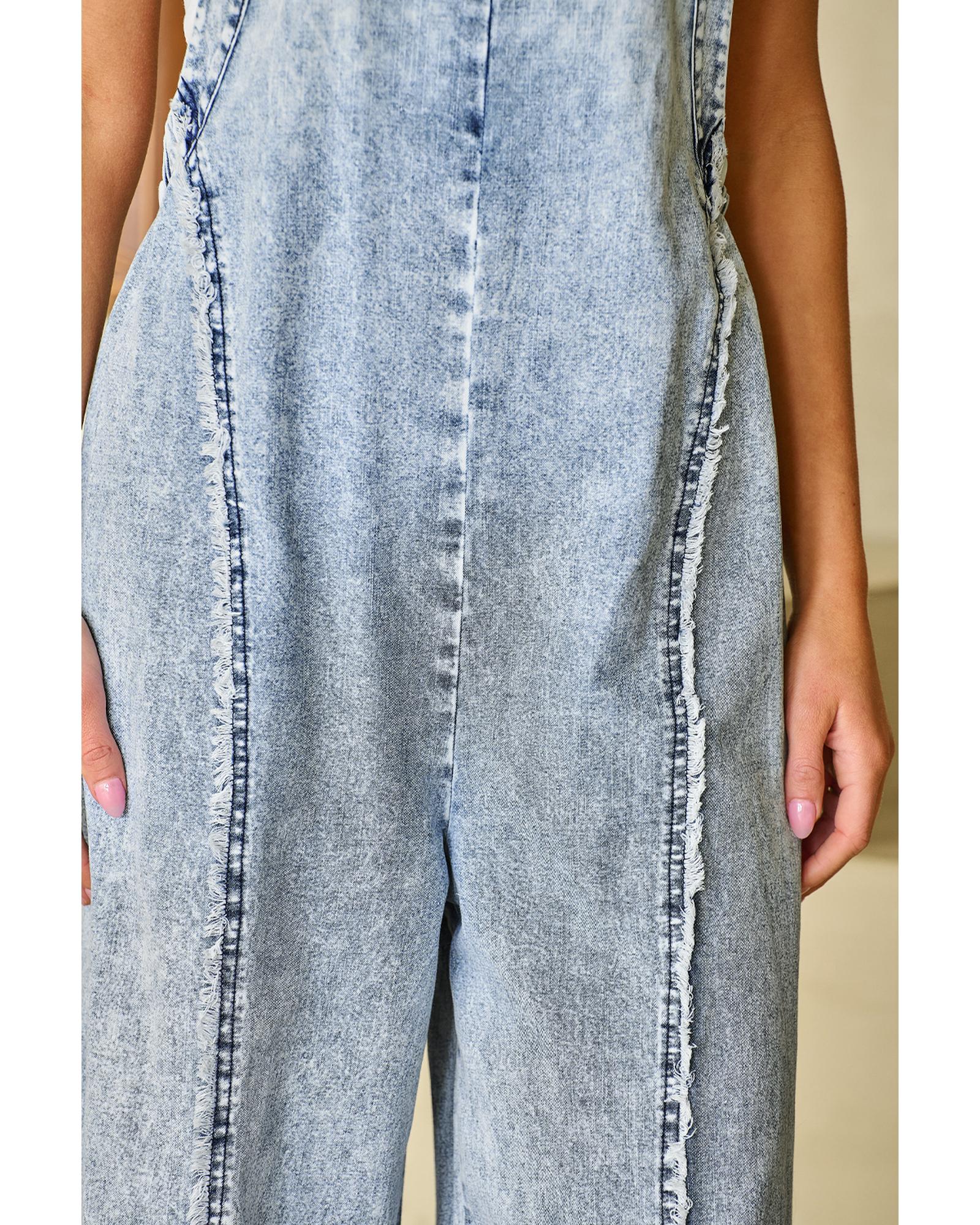 Beau Blue Light Wash Frayed Exposed Seam Wide Leg Denim Overall - L