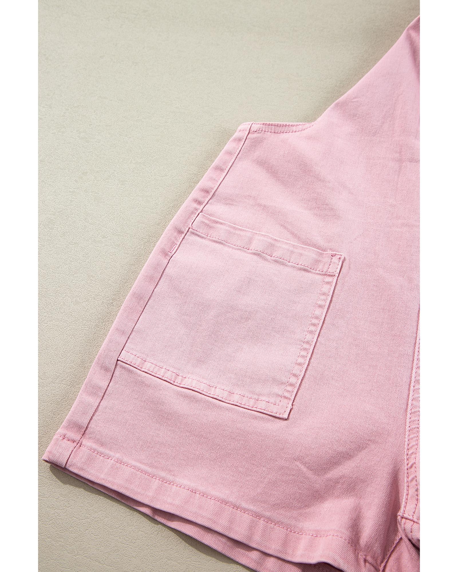 Pink Solid Color Knot Straps Denim Romper with Pockets - XL