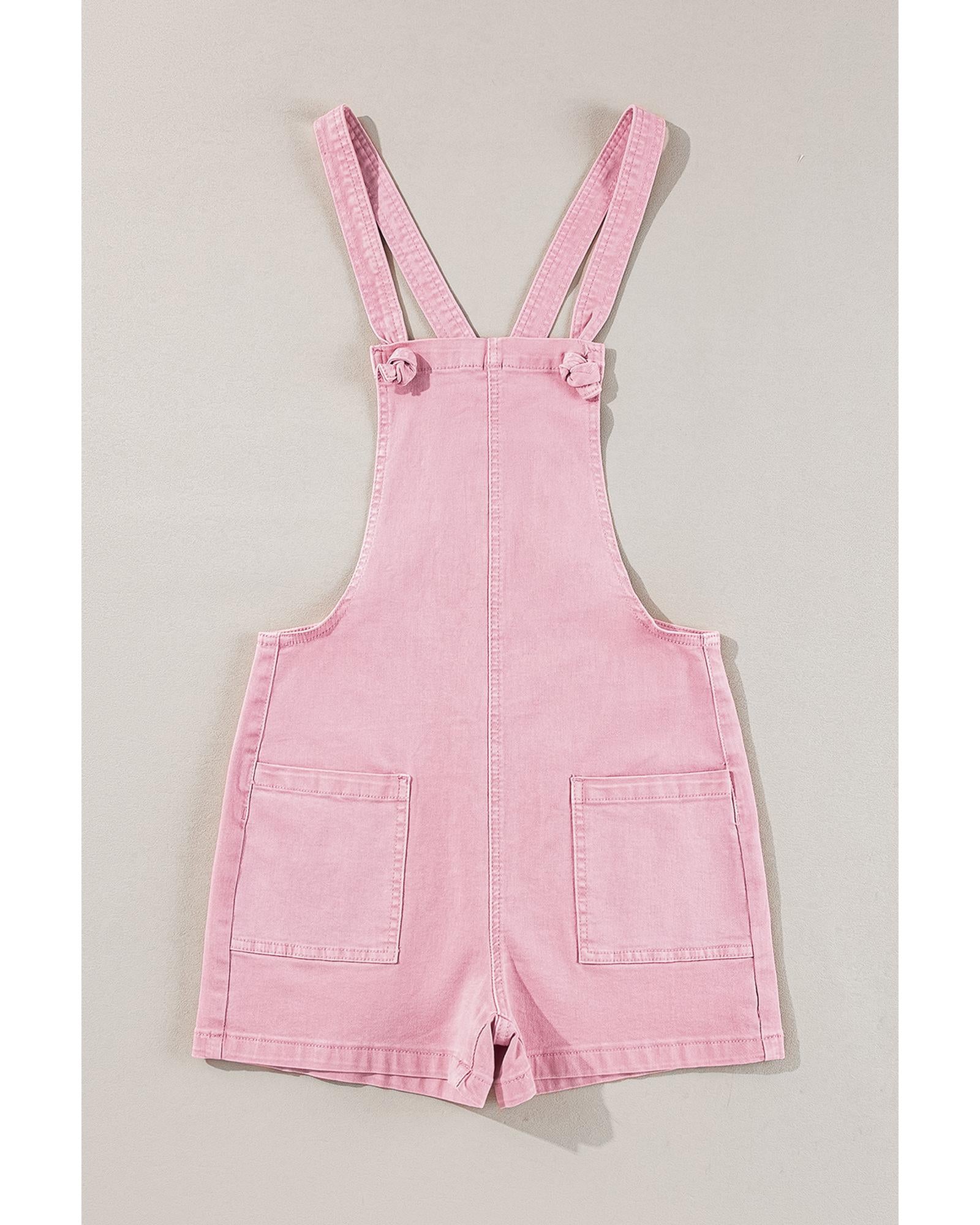 Pink Solid Color Knot Straps Denim Romper with Pockets - XL