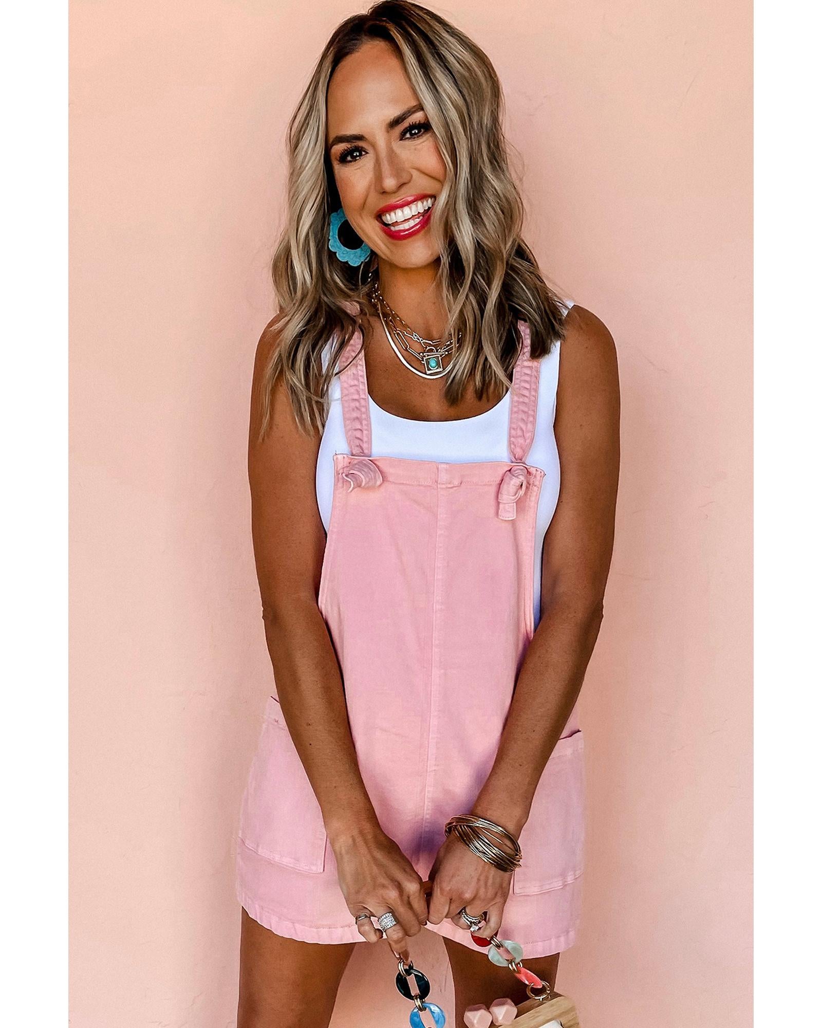 Pink Solid Color Knot Straps Denim Romper with Pockets - XL