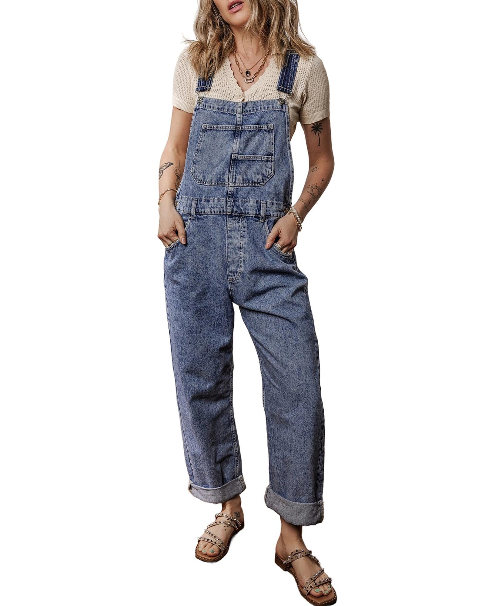 Sail Blue Denim Bib Straight Leg Jumpsuit with Pockets - L