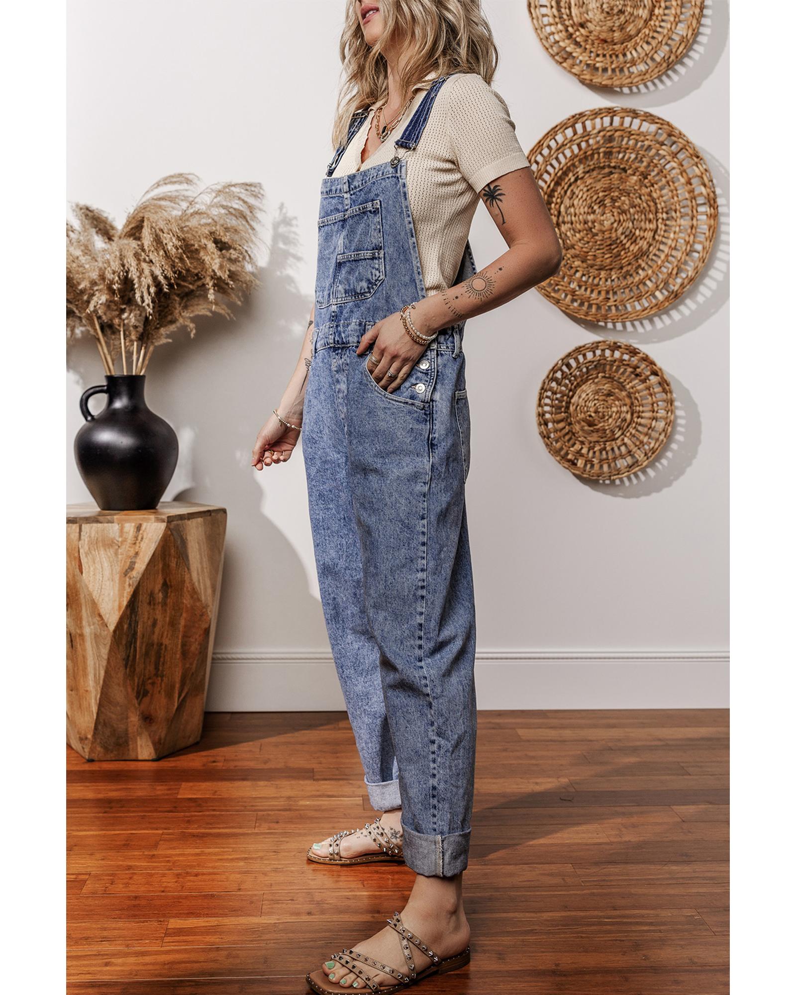 Sail Blue Denim Bib Straight Leg Jumpsuit with Pockets - L