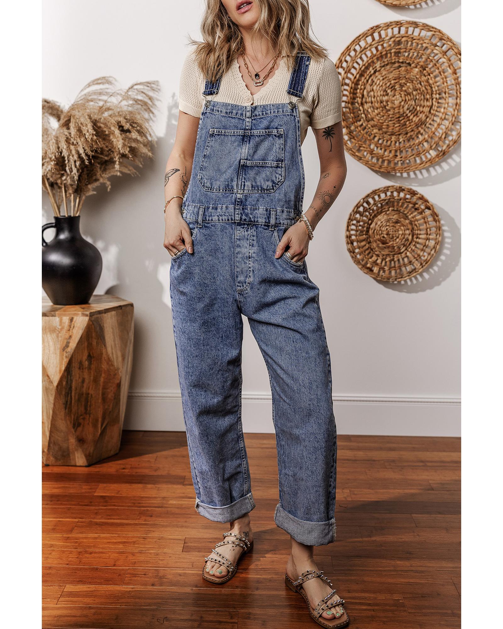 Sail Blue Denim Bib Straight Leg Jumpsuit with Pockets - M