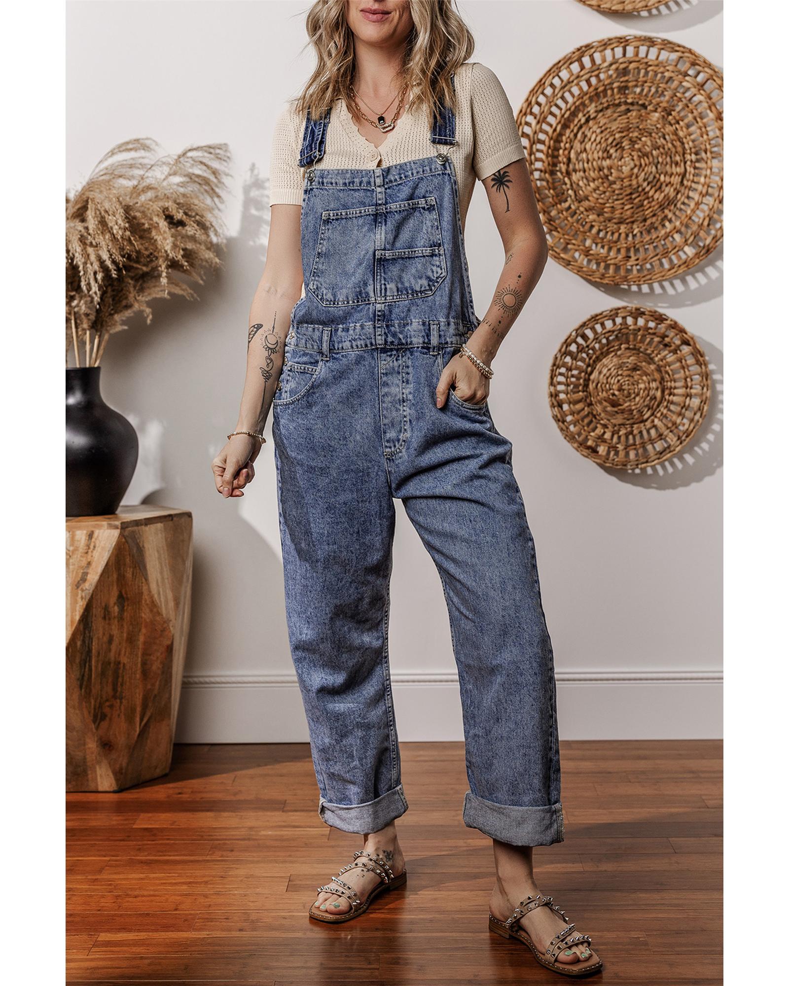 Sail Blue Denim Bib Straight Leg Jumpsuit with Pockets - S