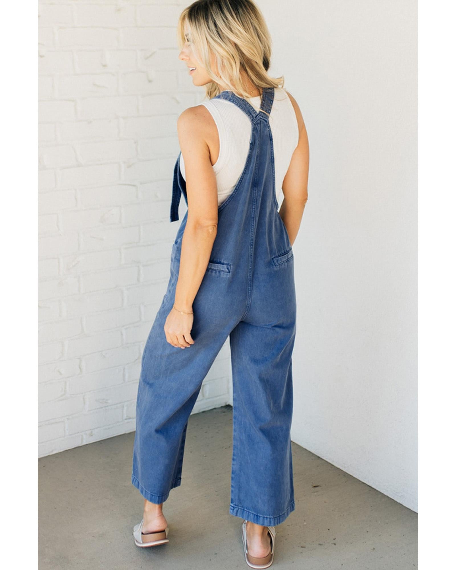 Prussian Blue Mineral Wash Knotted Strap Patched Pocket Wide Leg Denim Overalls - L