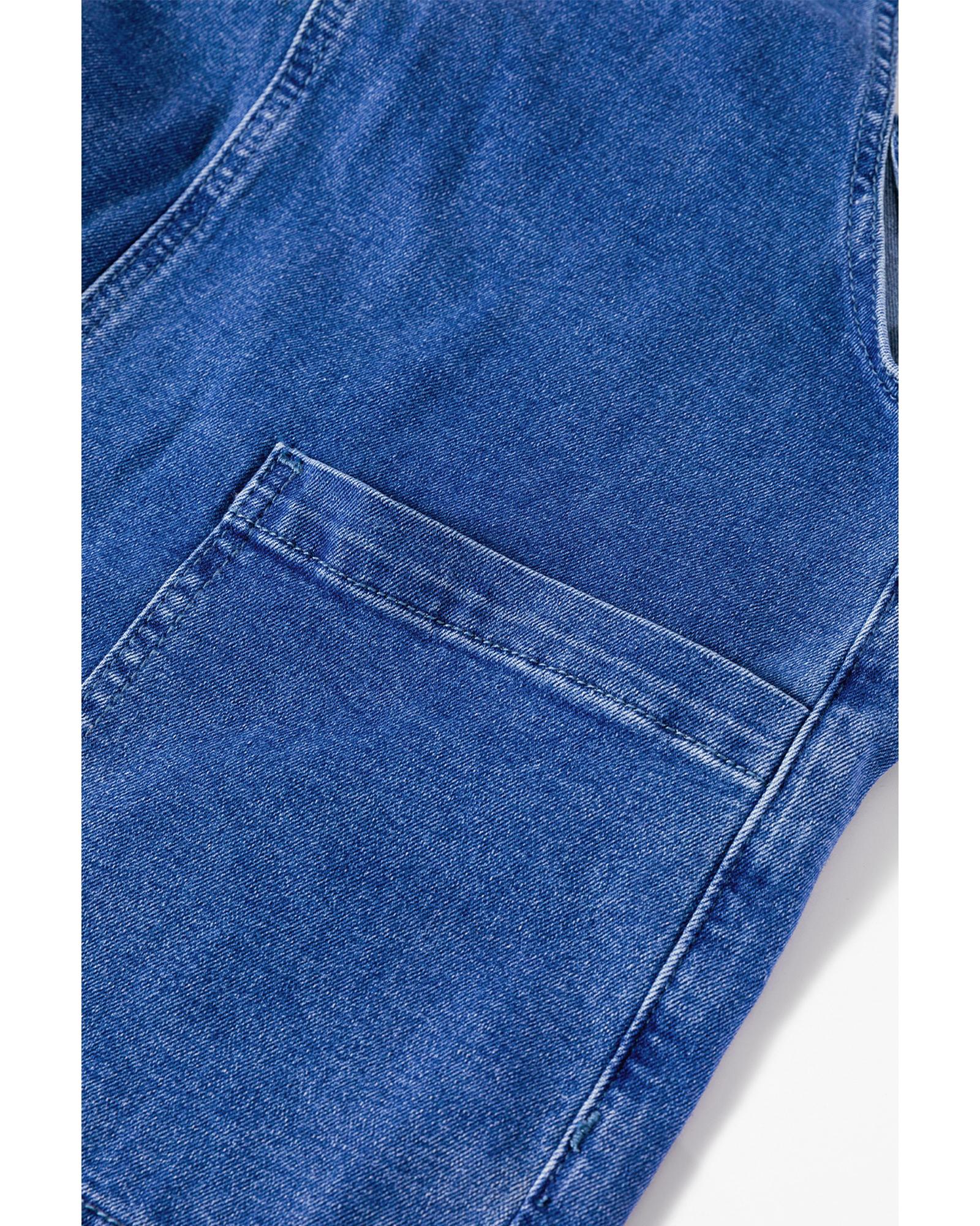 Prussian Blue Mineral Wash Knotted Strap Patched Pocket Wide Leg Denim Overalls - L