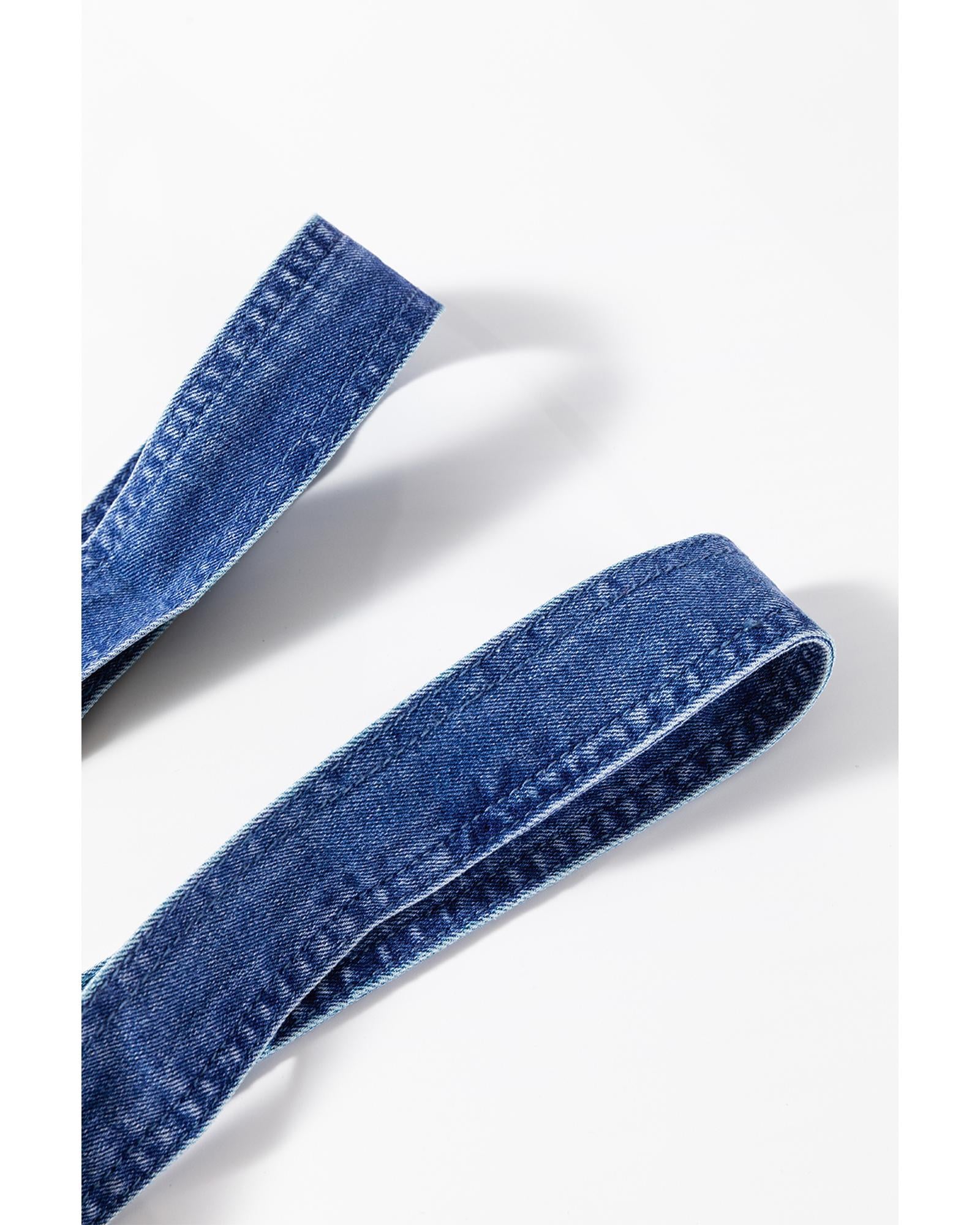 Prussian Blue Mineral Wash Knotted Strap Patched Pocket Wide Leg Denim Overalls - L