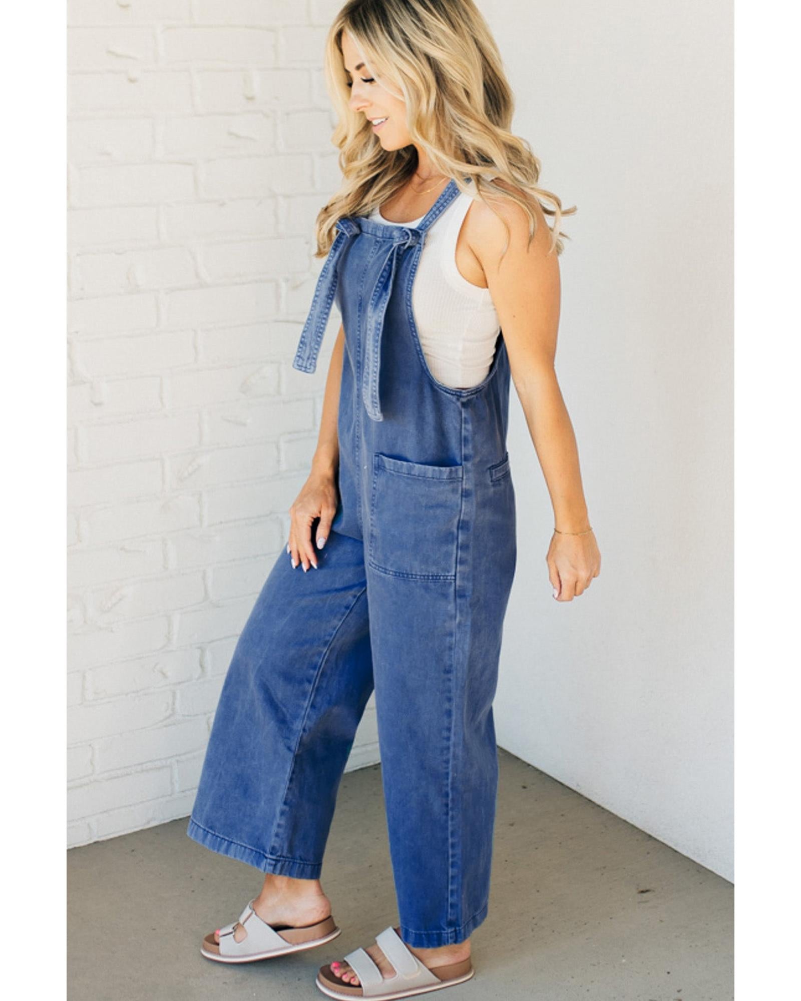 Prussian Blue Mineral Wash Knotted Strap Patched Pocket Wide Leg Denim Overalls - L