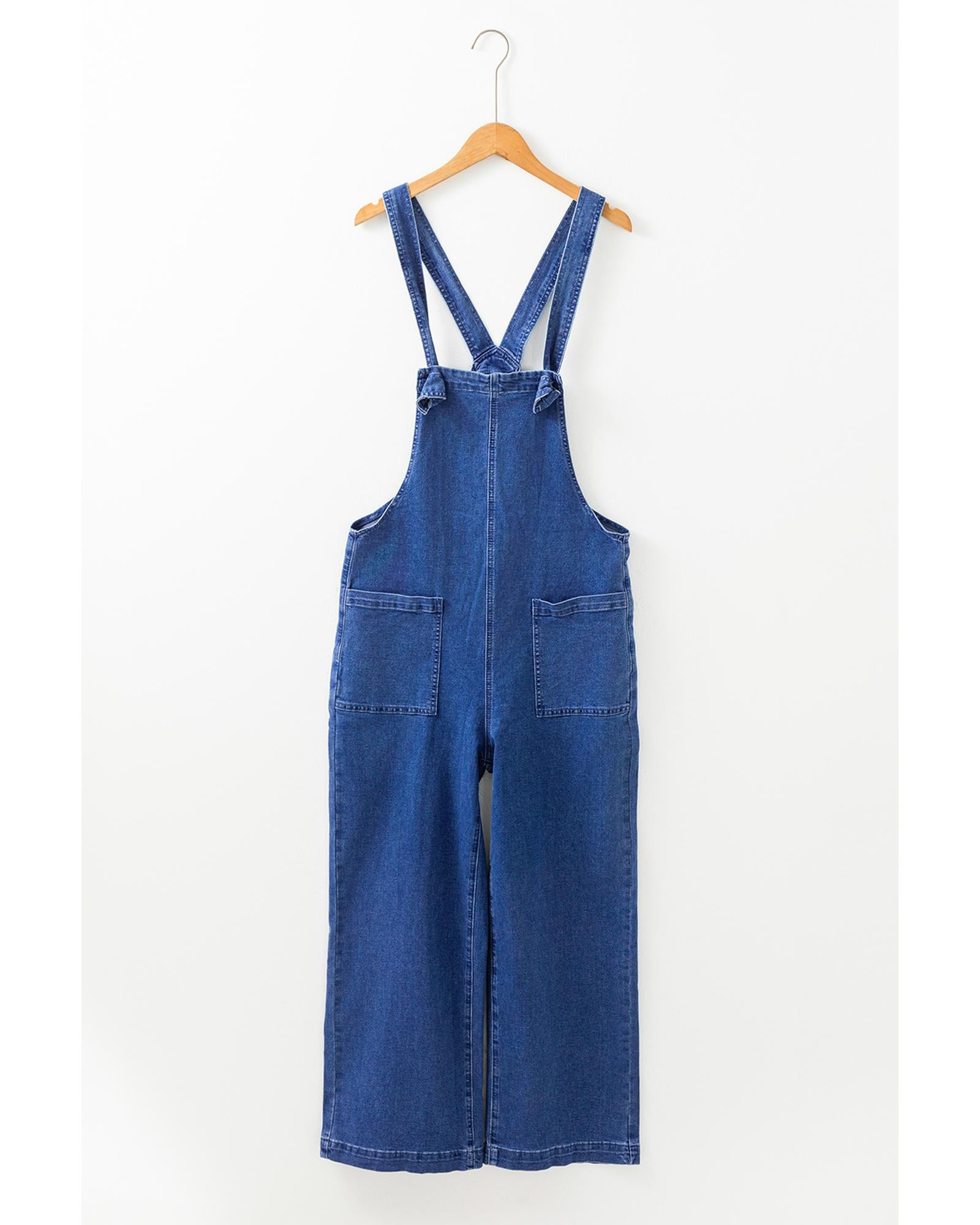 Prussian Blue Mineral Wash Knotted Strap Patched Pocket Wide Leg Denim Overalls - L