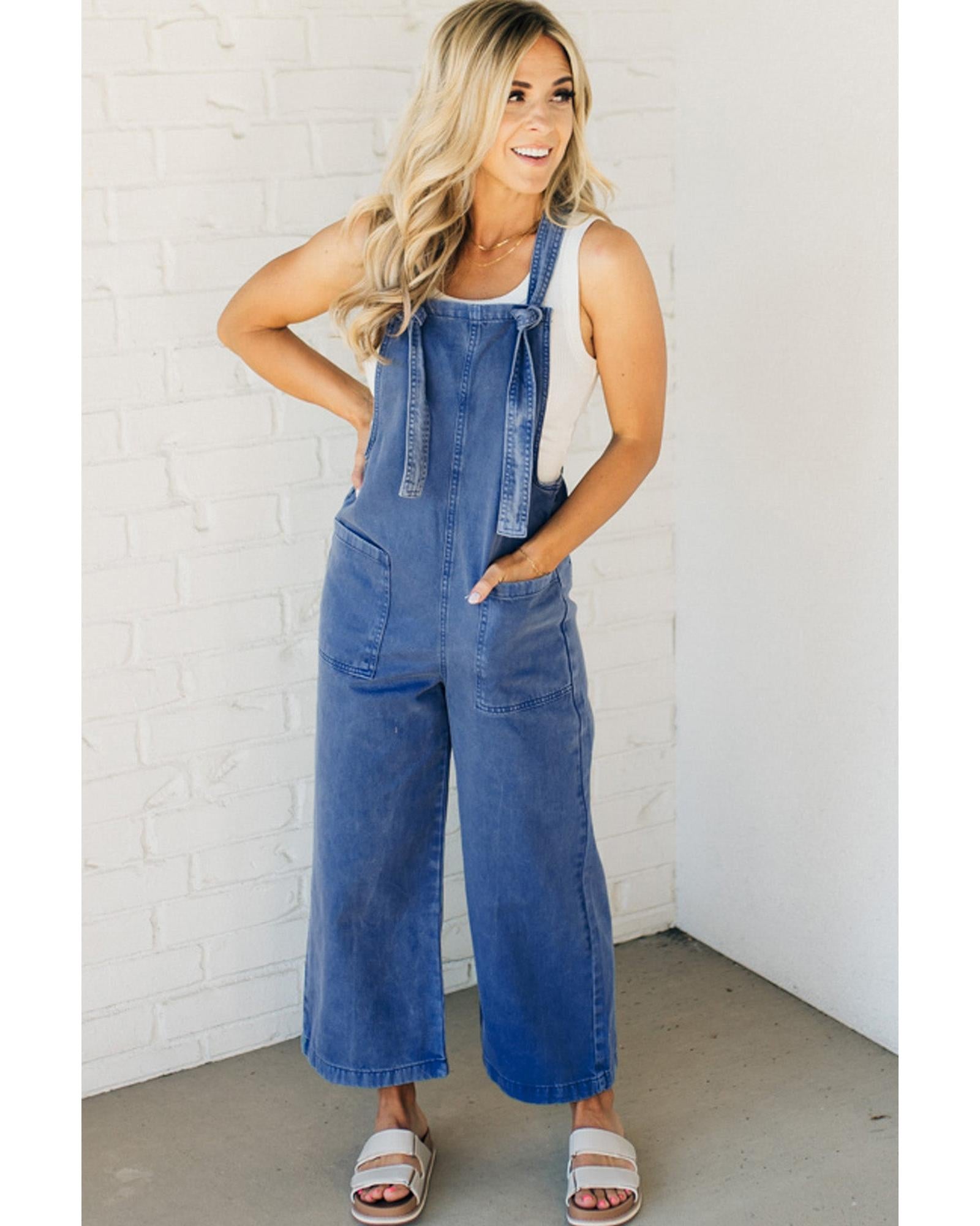 Prussian Blue Mineral Wash Knotted Strap Patched Pocket Wide Leg Denim Overalls - S