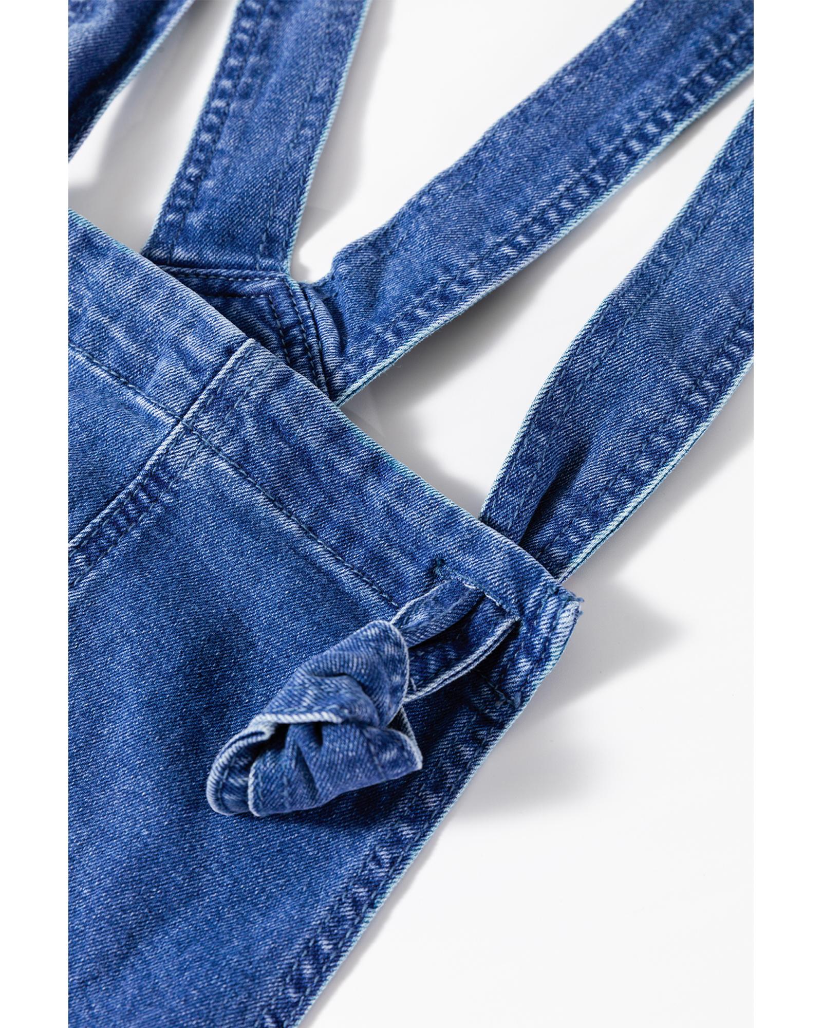 Prussian Blue Mineral Wash Knotted Strap Patched Pocket Wide Leg Denim Overalls - XL
