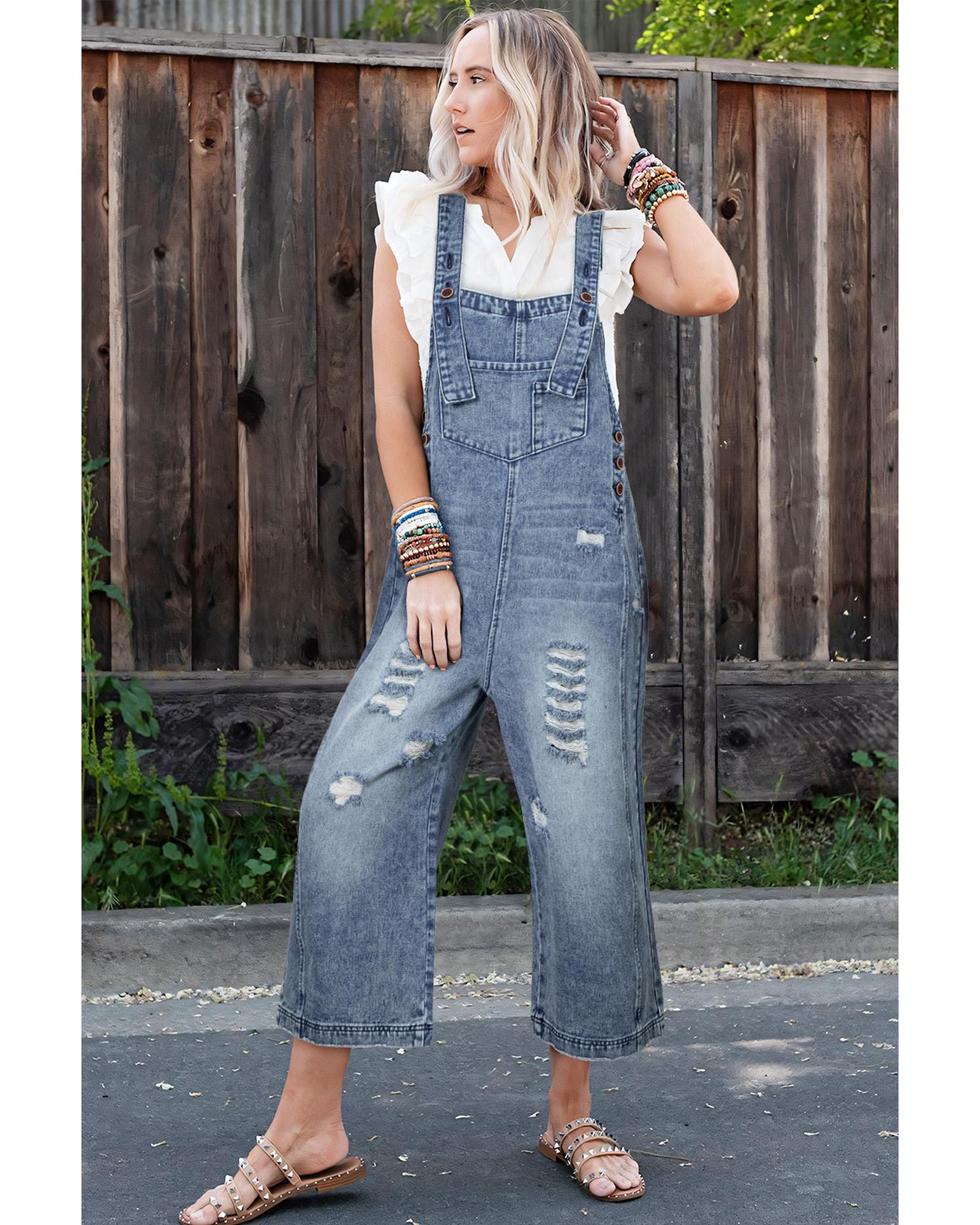 Azura Exchange Stone Blue Distressed Bib Pocket Wide Leg Denim Overall - L