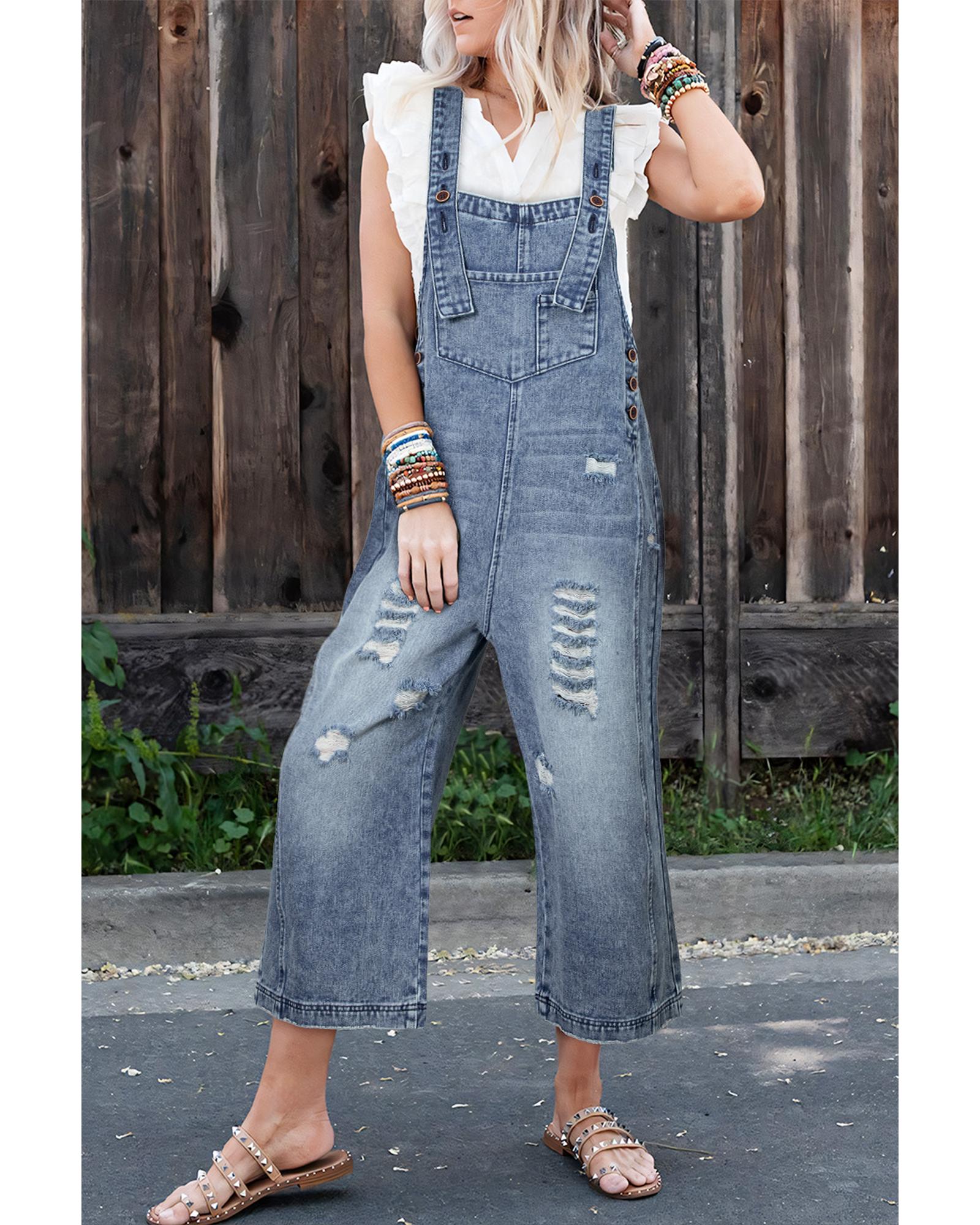 Azura Exchange Stone Blue Distressed Bib Pocket Wide Leg Denim Overall - XL