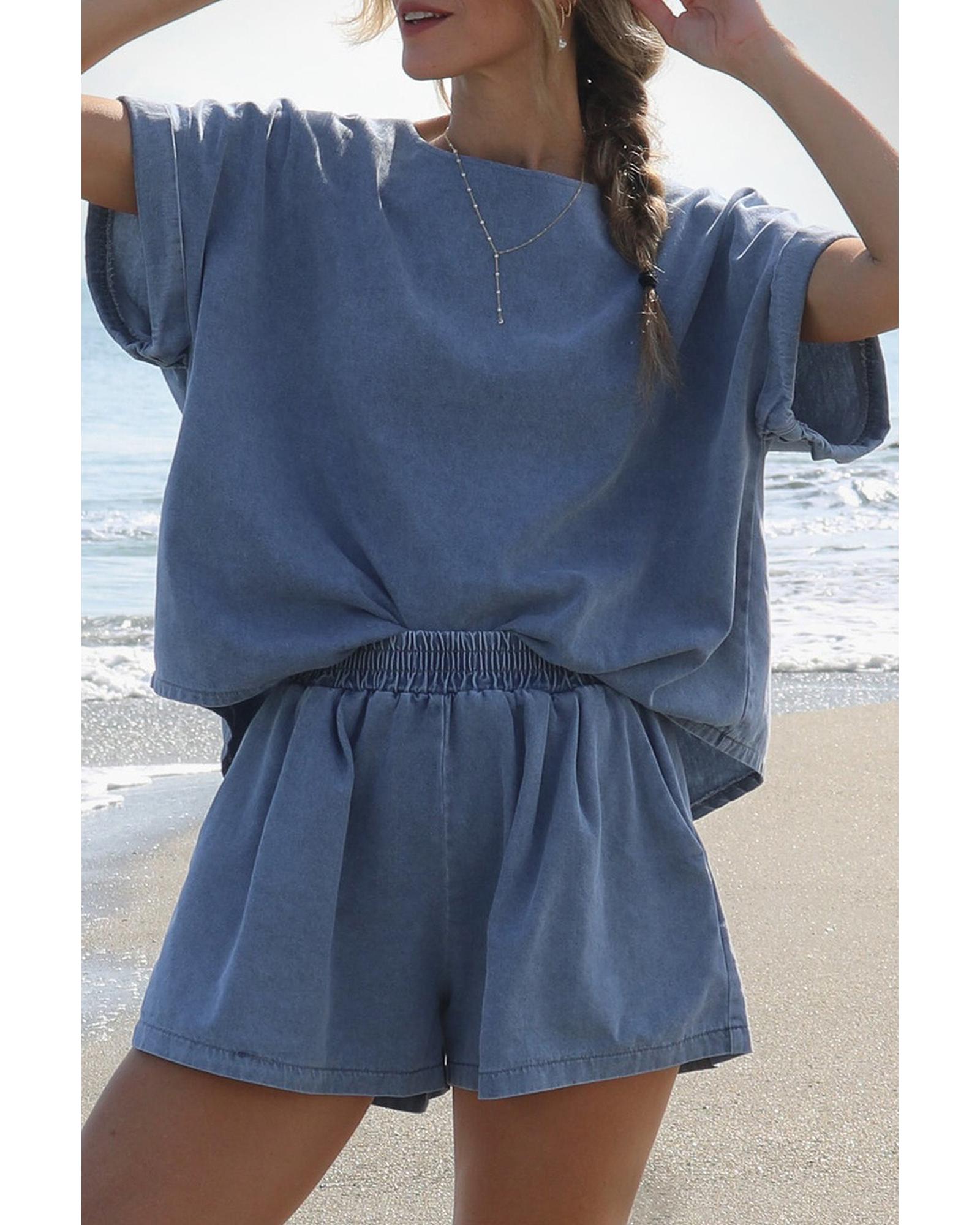 Light Blue Denim Cuffed Sleeve Tee Elastic Shorts Set - L