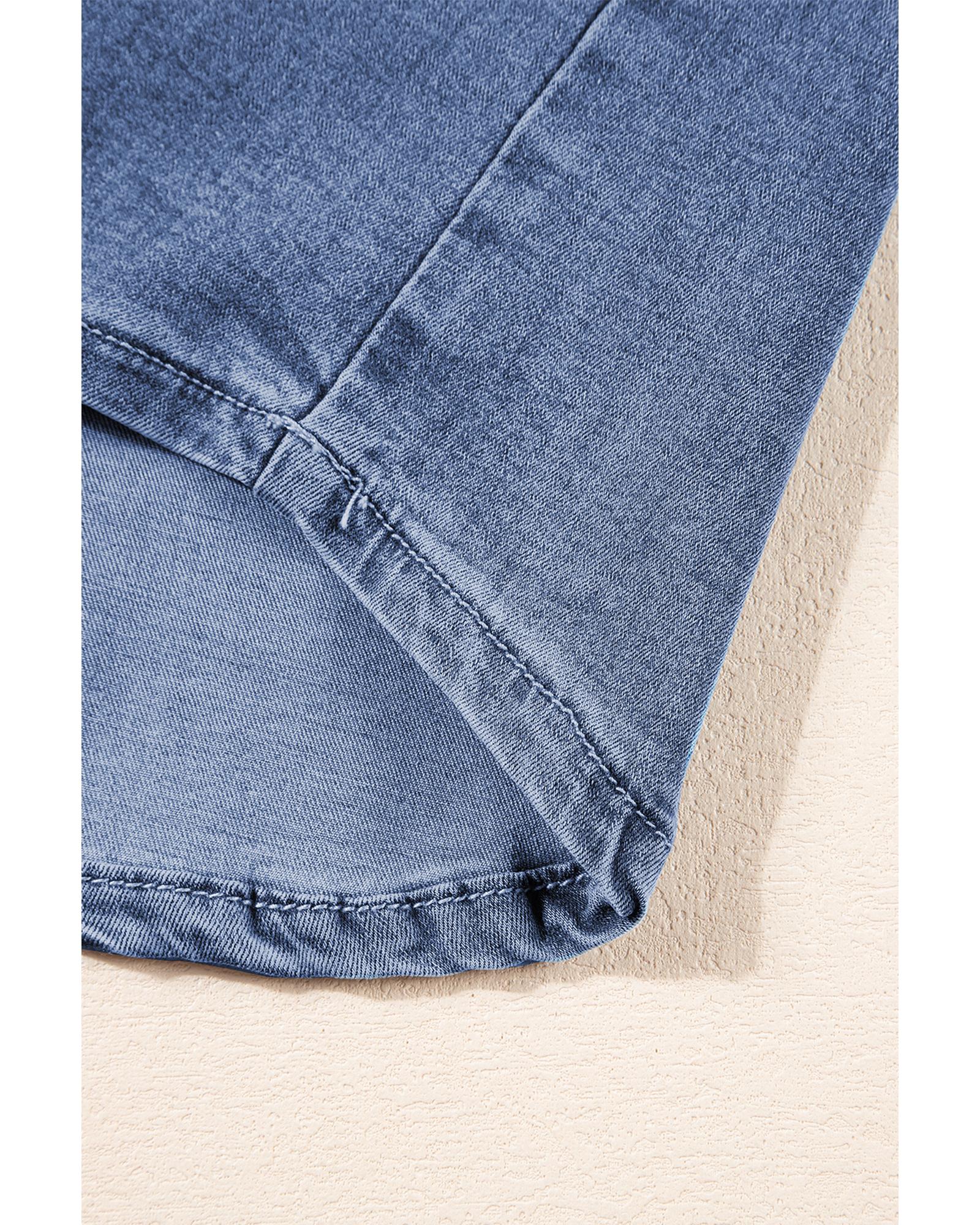 Light Blue Denim Cuffed Sleeve Tee Elastic Shorts Set - L
