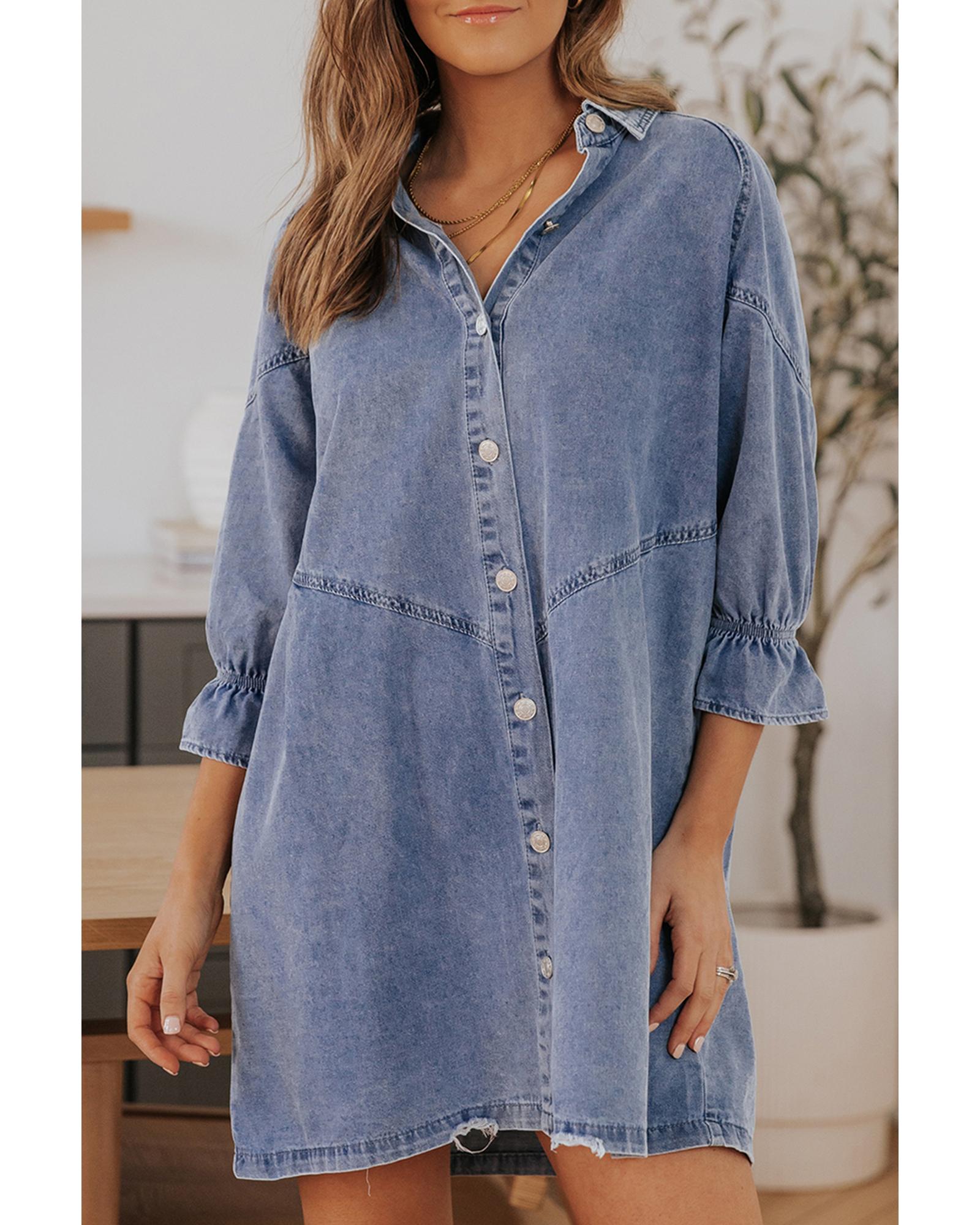 Azura Exchange Sky Blue Buttoned Long Sleeve Denim Mini Dress - M