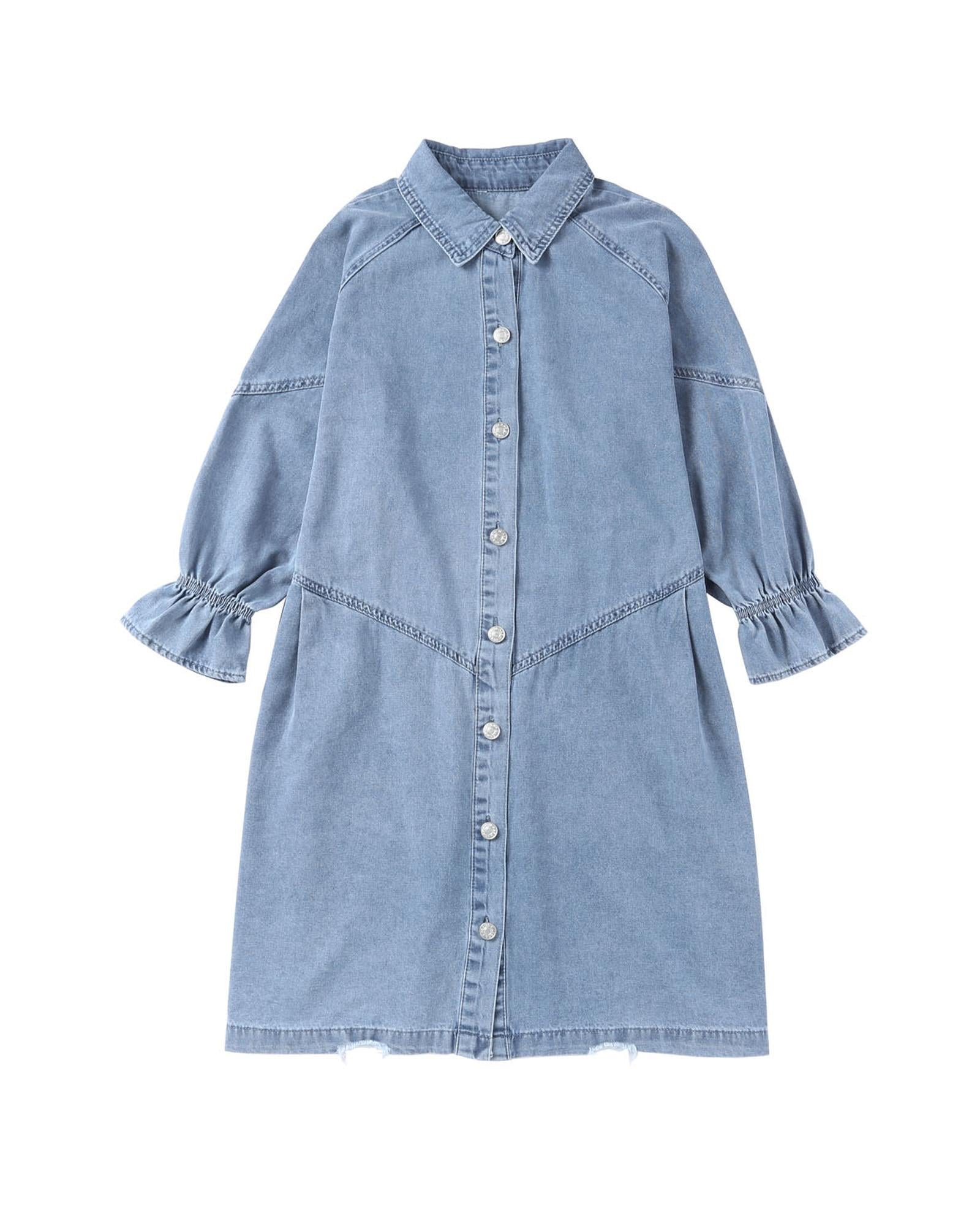 Azura Exchange Sky Blue Buttoned Long Sleeve Denim Mini Dress - M