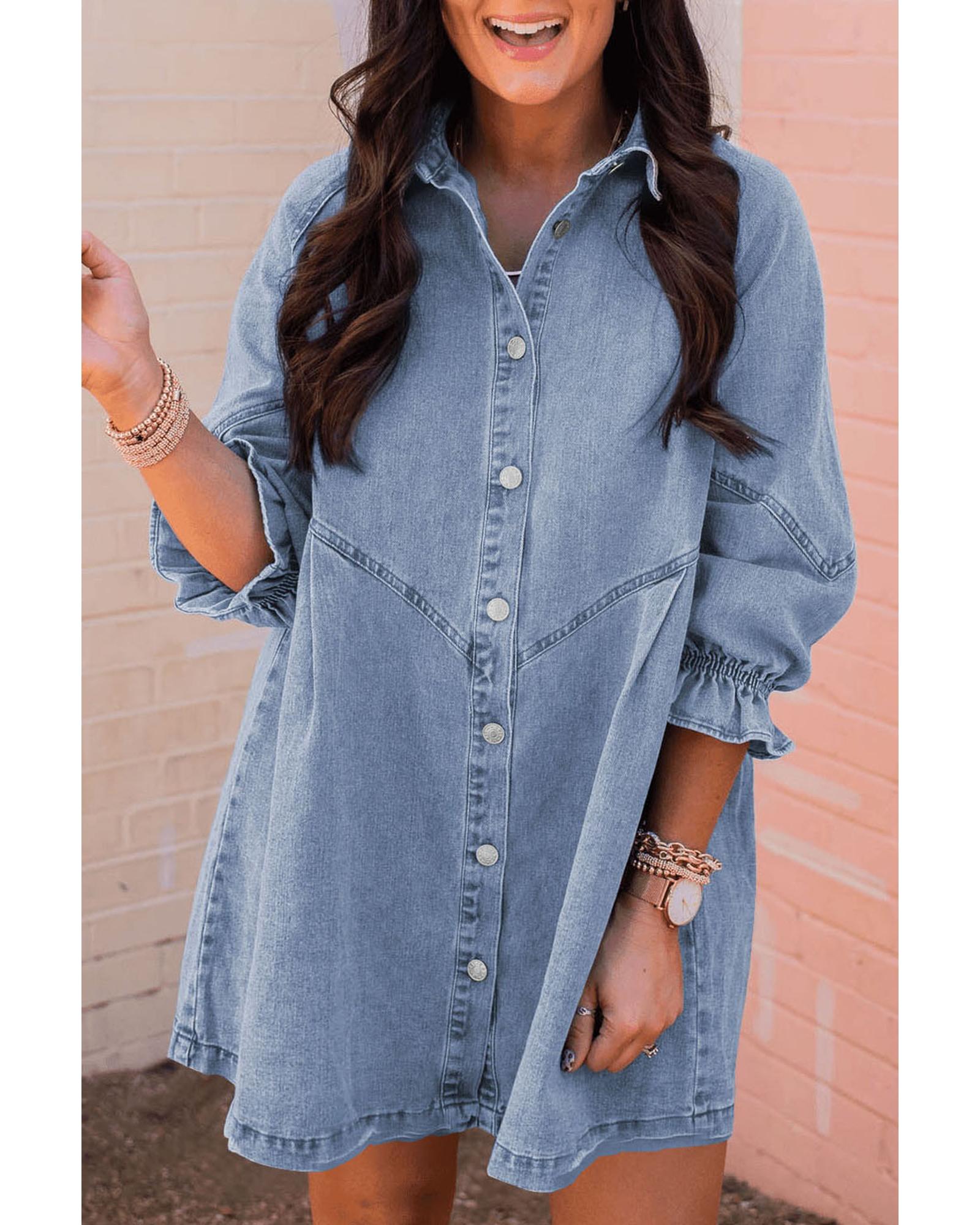Azura Exchange Sky Blue Buttoned Long Sleeve Denim Mini Dress - M