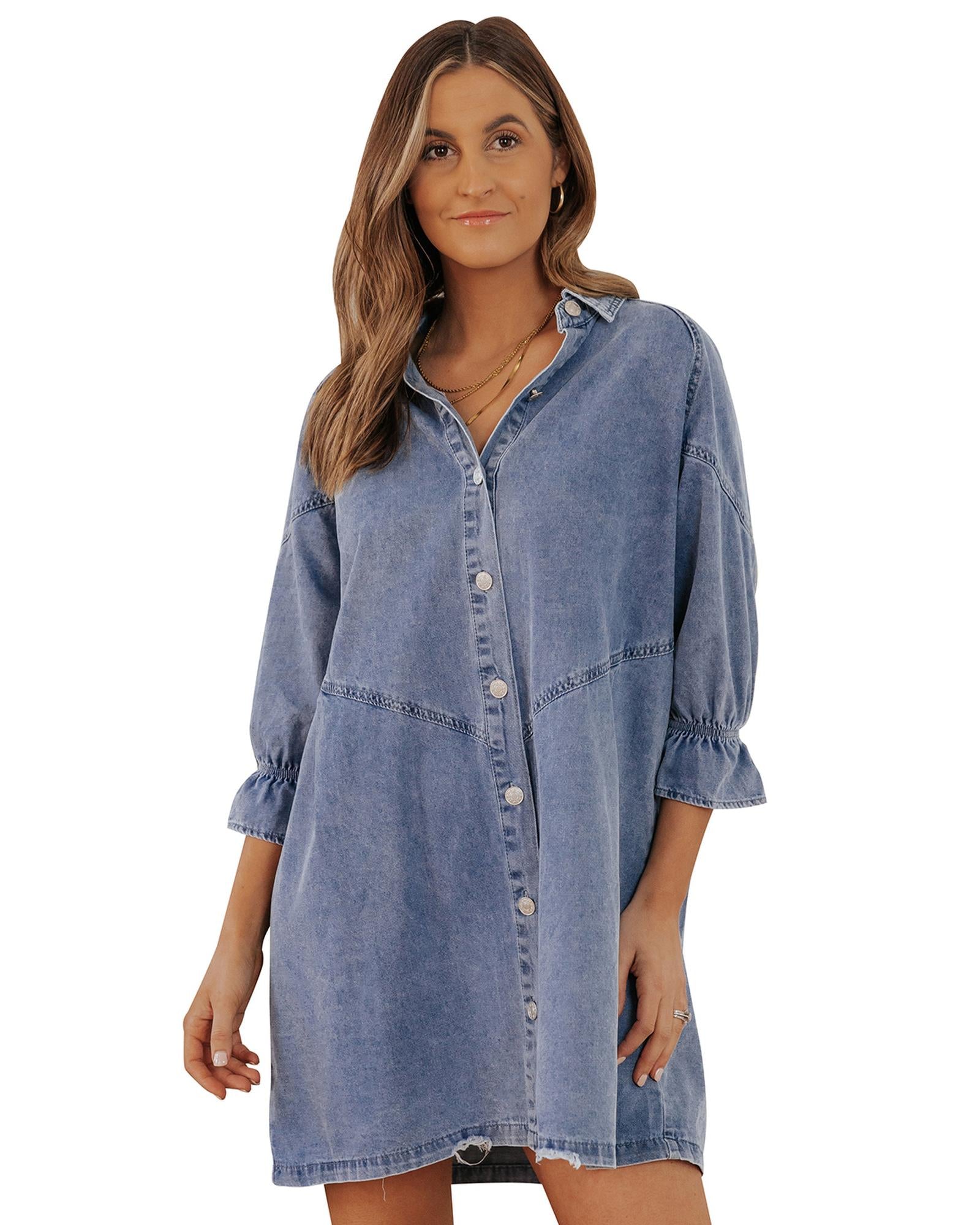 Azura Exchange Sky Blue Buttoned Long Sleeve Denim Mini Dress - M