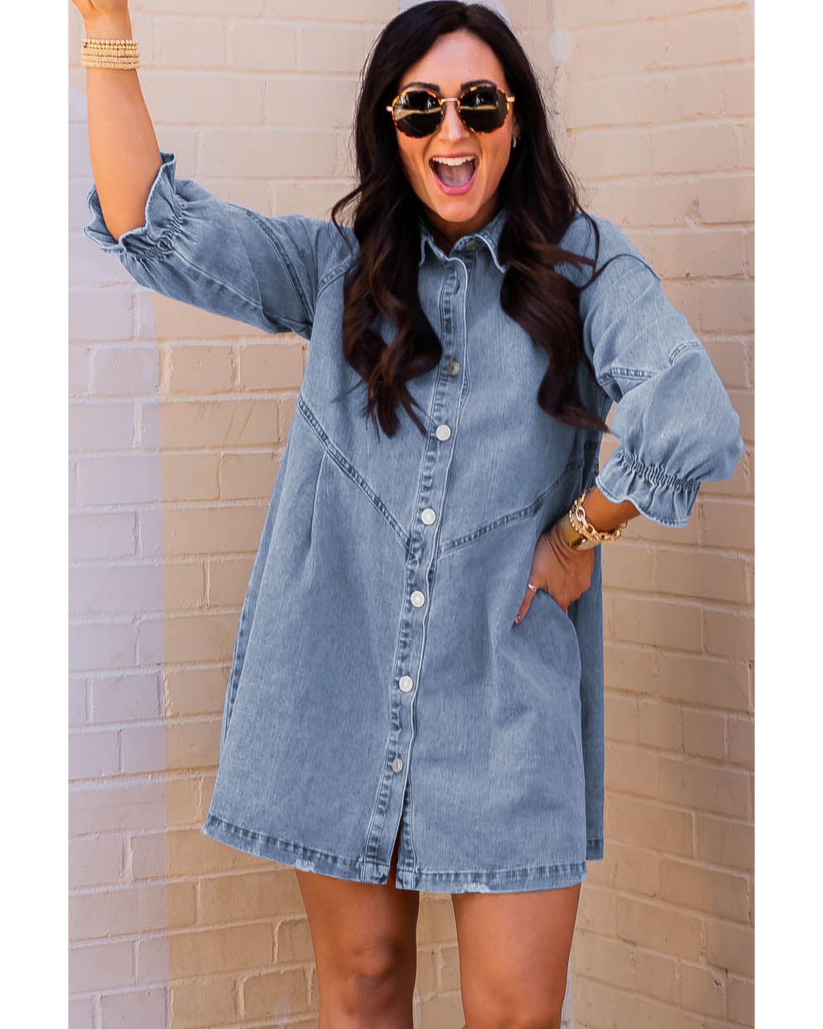Azura Exchange Sky Blue Buttoned Long Sleeve Denim Mini Dress - M
