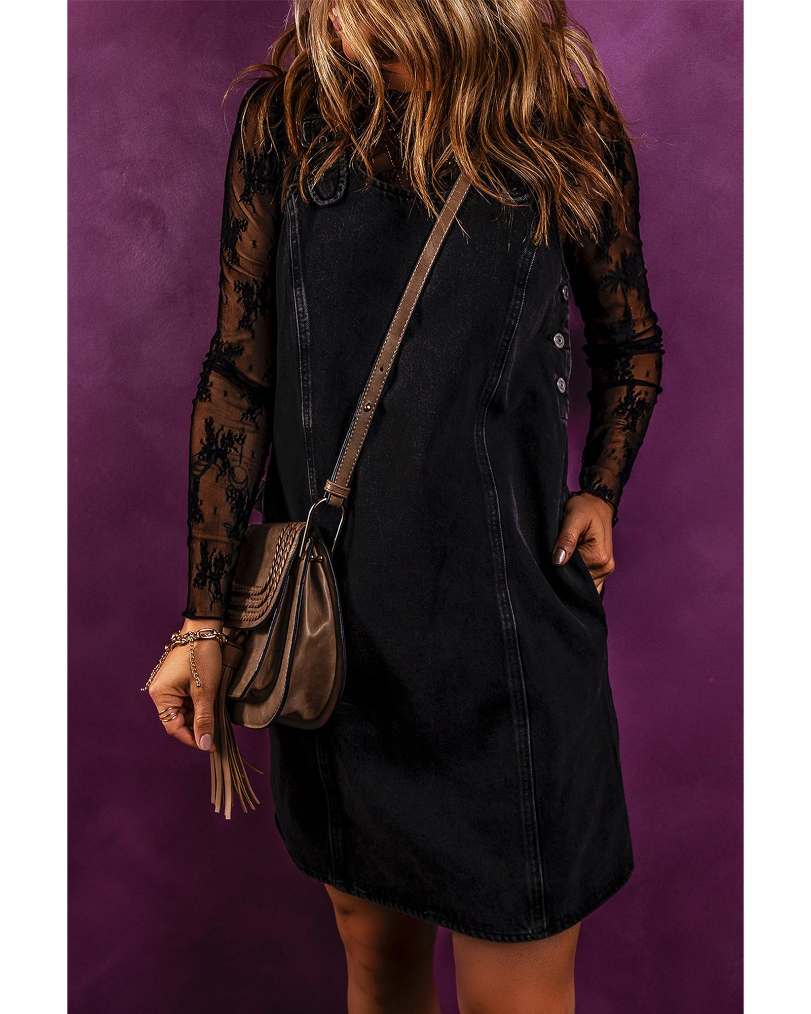 Black Sleeveless Shift Denim Dress - L