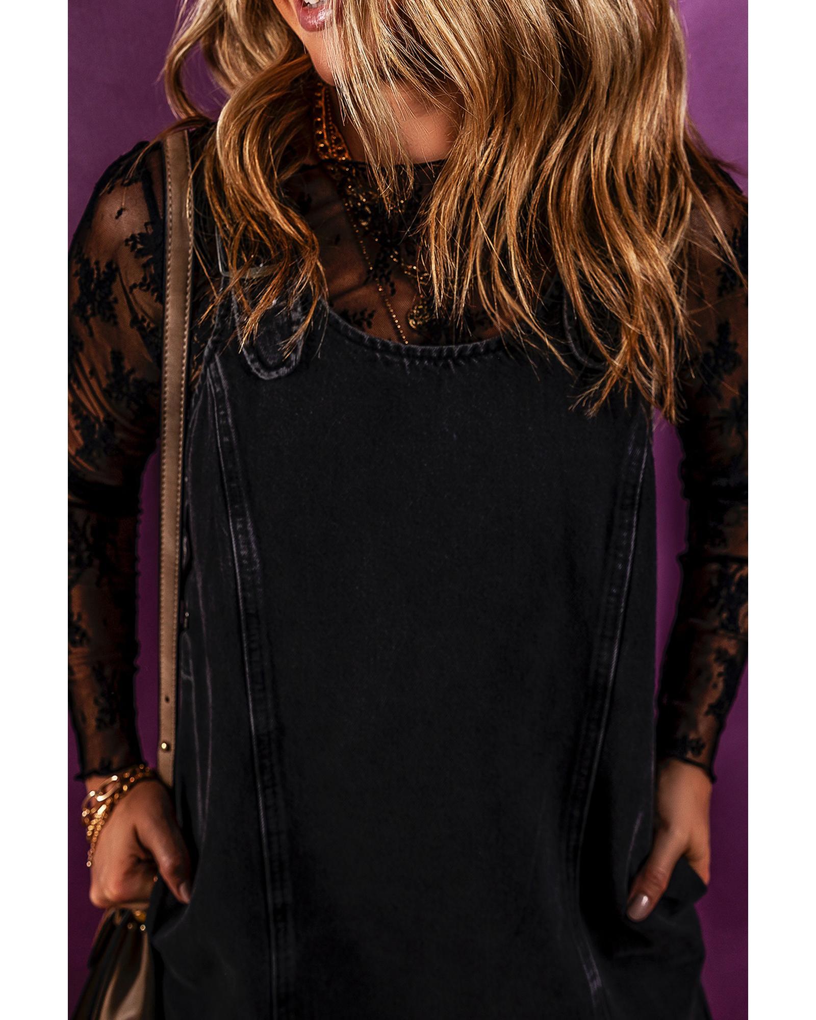 Black Sleeveless Shift Denim Dress - M