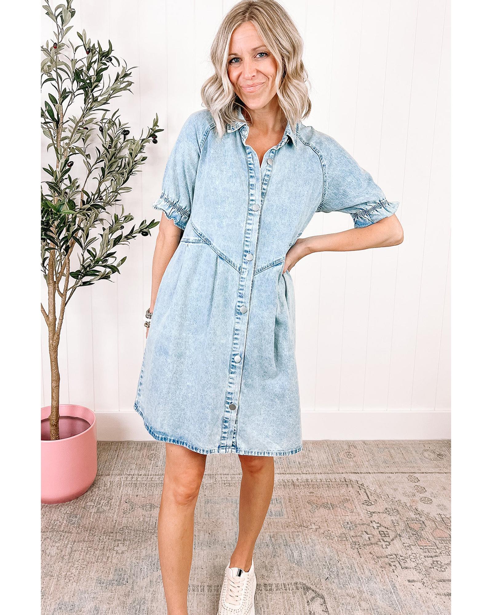 Beau Blue Mineral Wash Ruffled Short Sleeve Buttoned Denim Dress - L