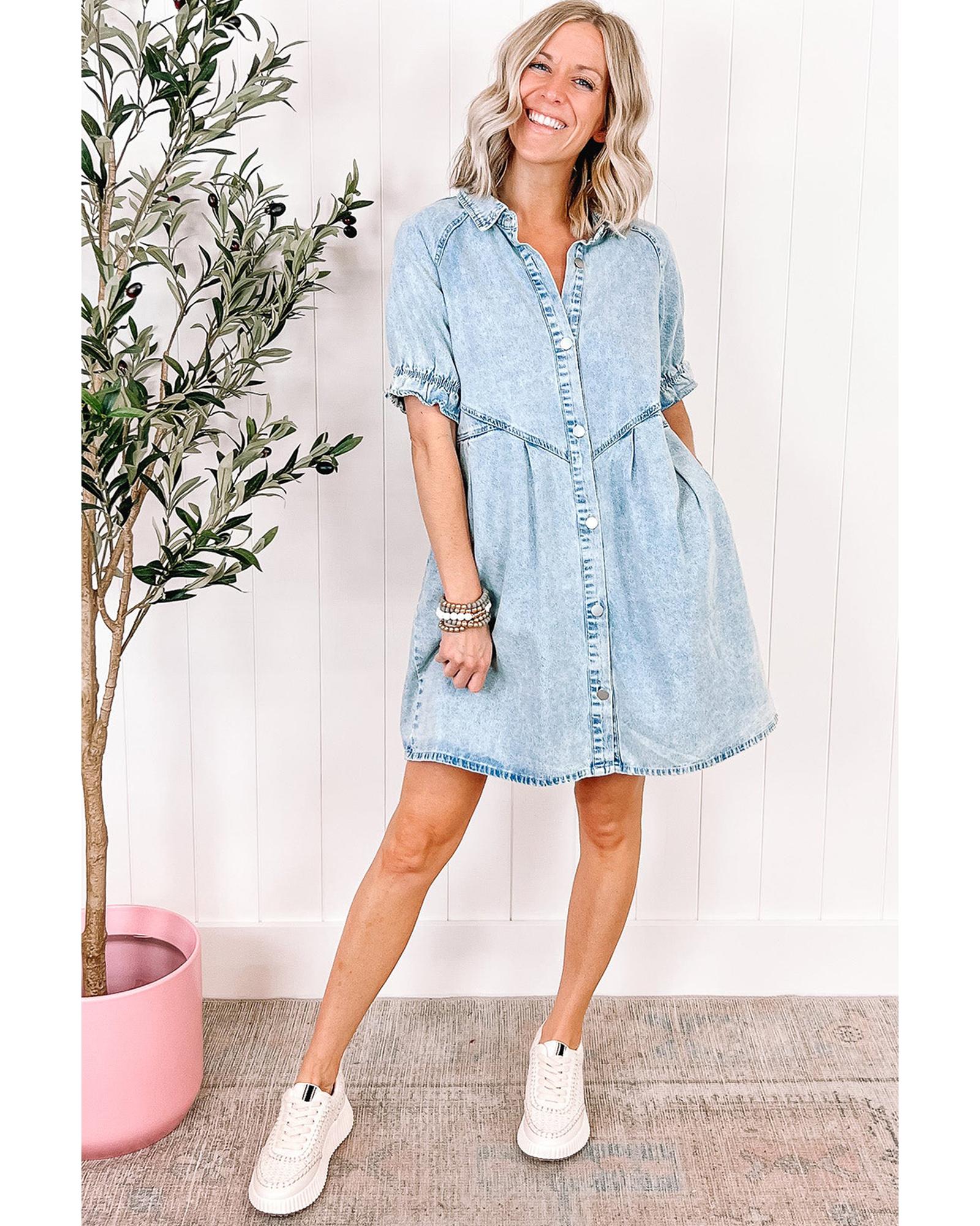 Beau Blue Mineral Wash Ruffled Short Sleeve Buttoned Denim Dress - S