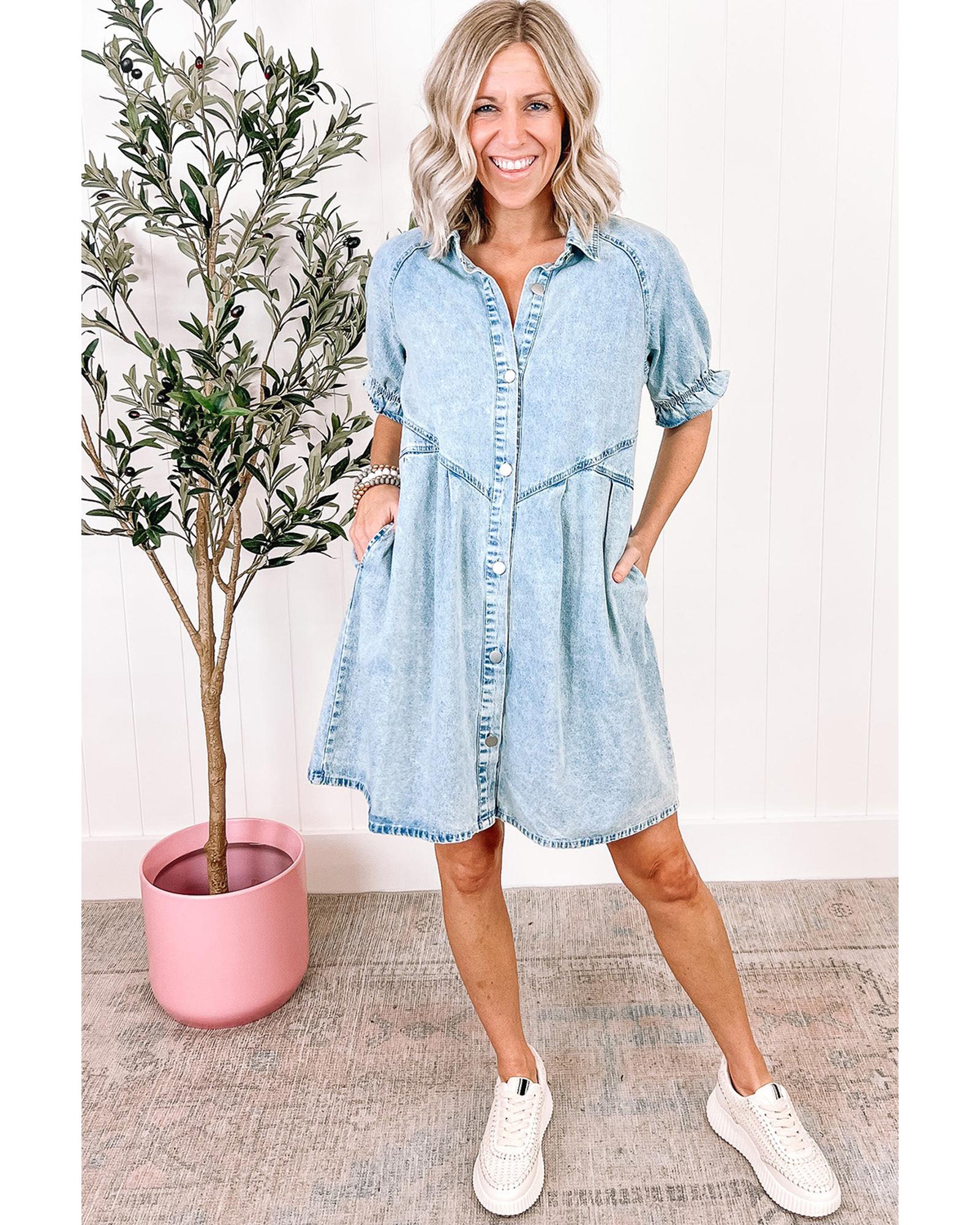 Beau Blue Mineral Wash Ruffled Short Sleeve Buttoned Denim Dress - XL