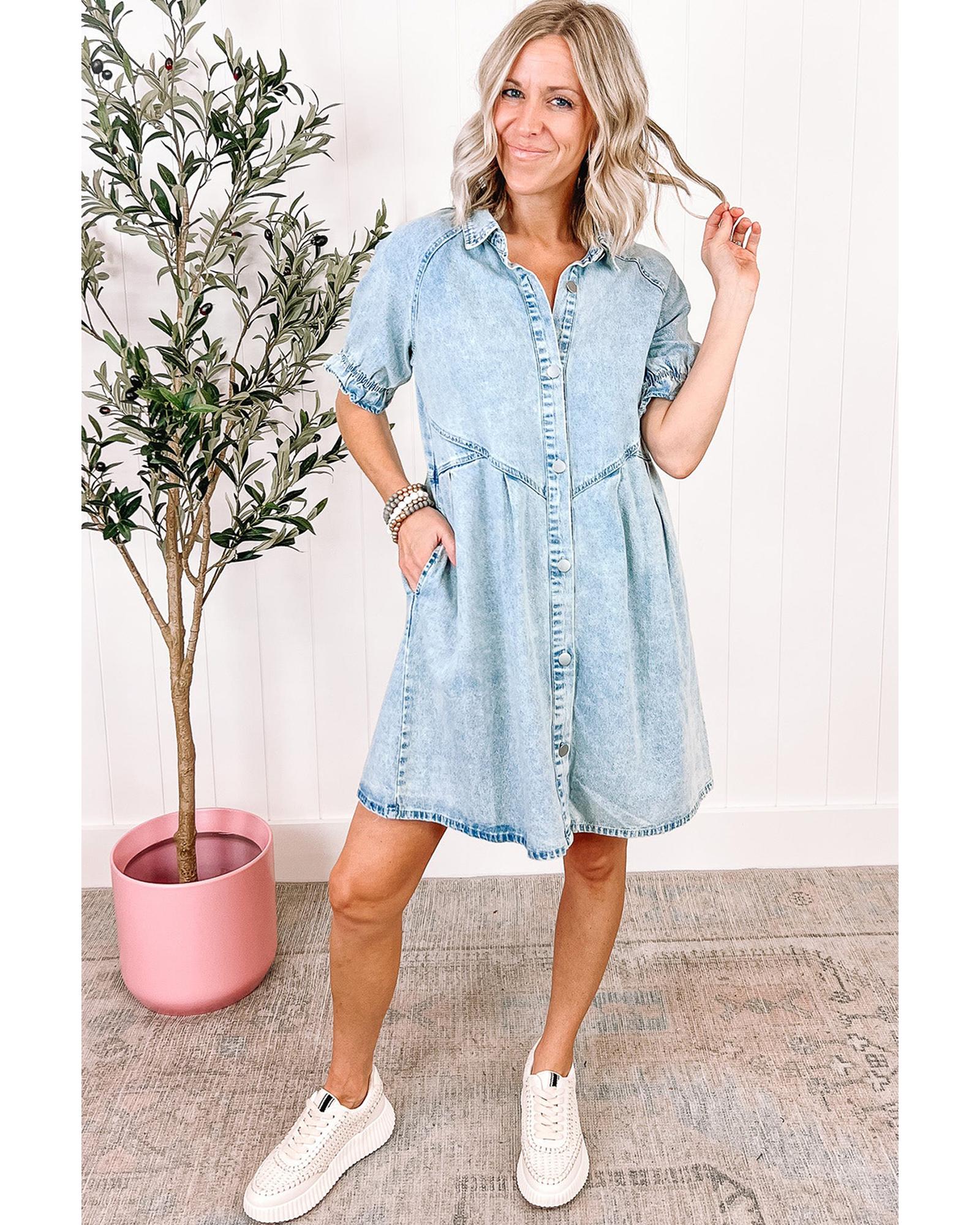 Beau Blue Mineral Wash Ruffled Short Sleeve Buttoned Denim Dress - XL