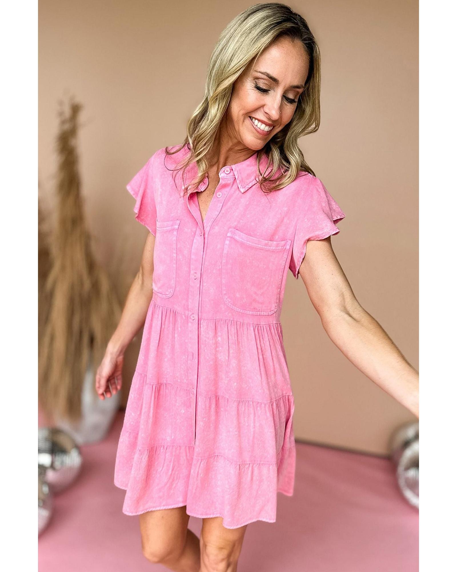 Bonbon Mineral Washed Ruffle Sleeve Tiered Chambray Dress - L