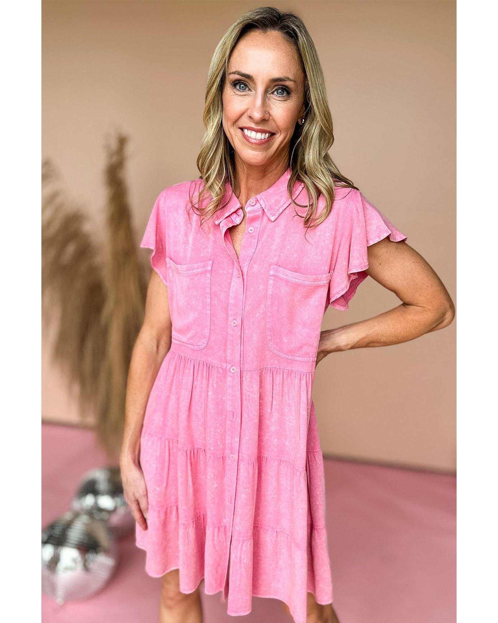 Bonbon Mineral Washed Ruffle Sleeve Tiered Chambray Dress - L