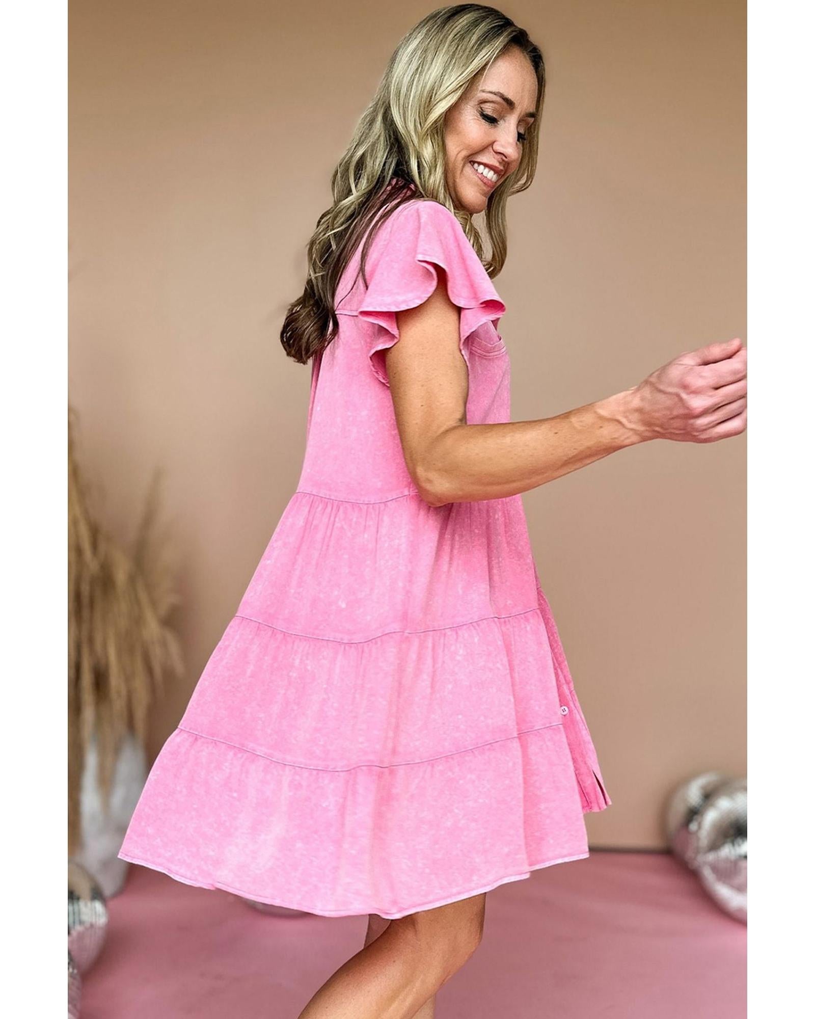 Bonbon Mineral Washed Ruffle Sleeve Tiered Chambray Dress - L