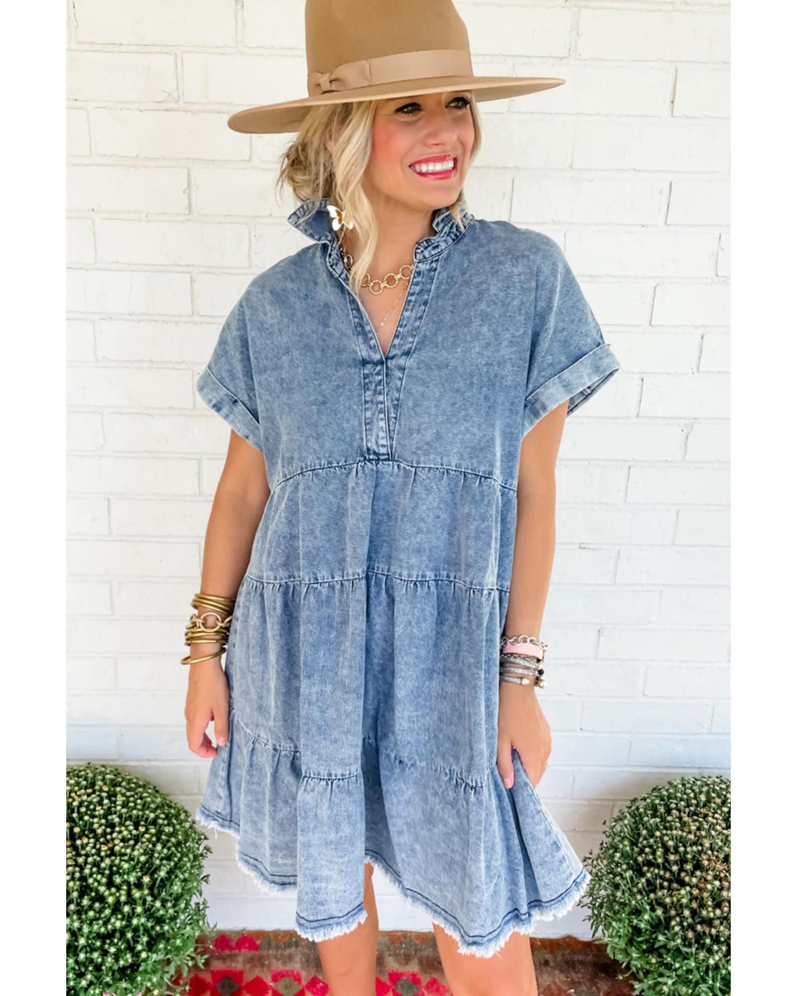Sky Blue Acid Wash V Neck Tiered Denim Dress - M