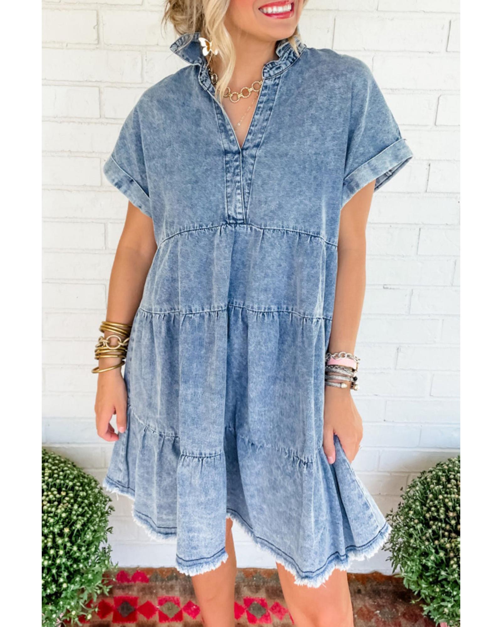 Sky Blue Acid Wash V Neck Tiered Denim Dress - M