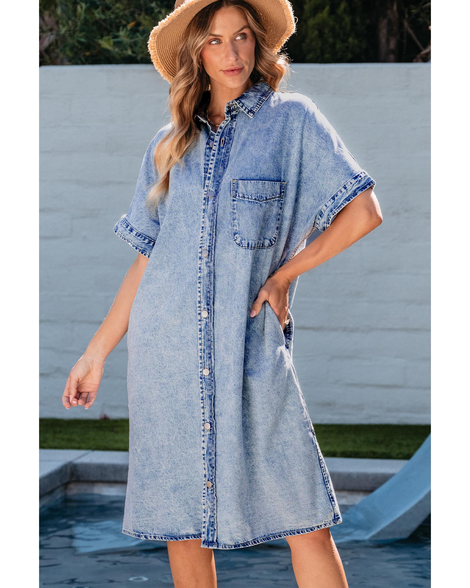 Light Blue Loose Medium Wash Short Sleeve Shirt Chambray Dress - XL