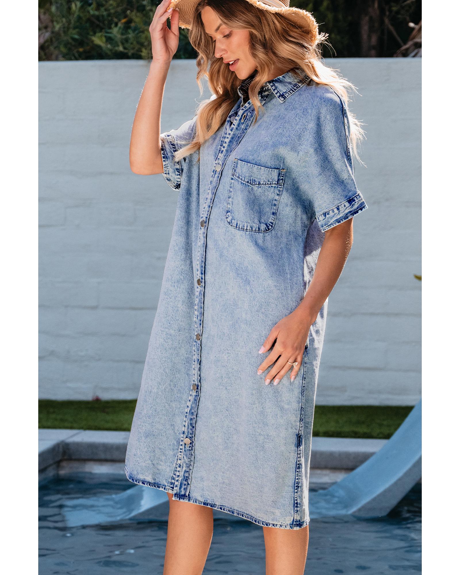 Light Blue Loose Medium Wash Short Sleeve Shirt Chambray Dress - XL