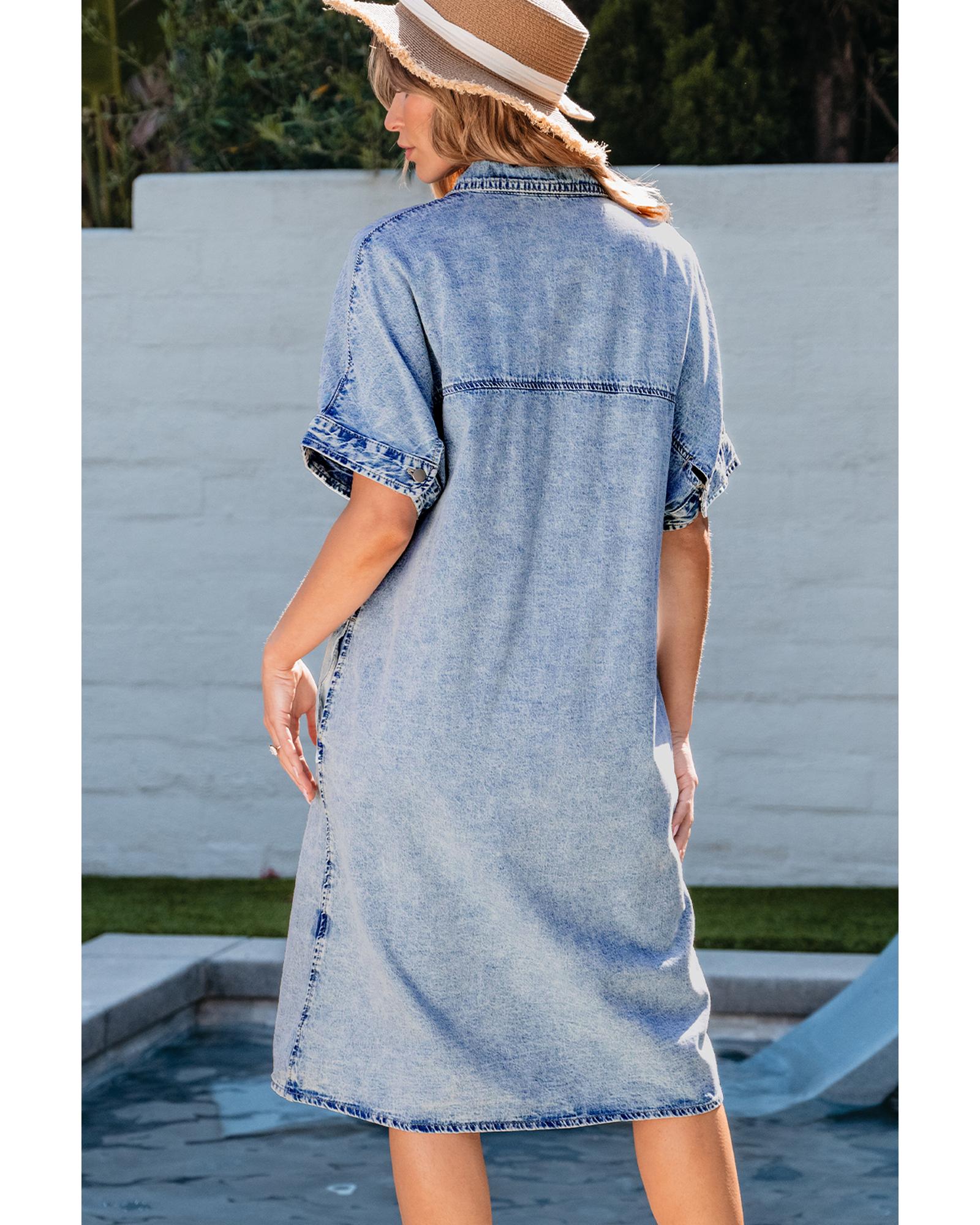 Light Blue Loose Medium Wash Short Sleeve Shirt Chambray Dress - XL