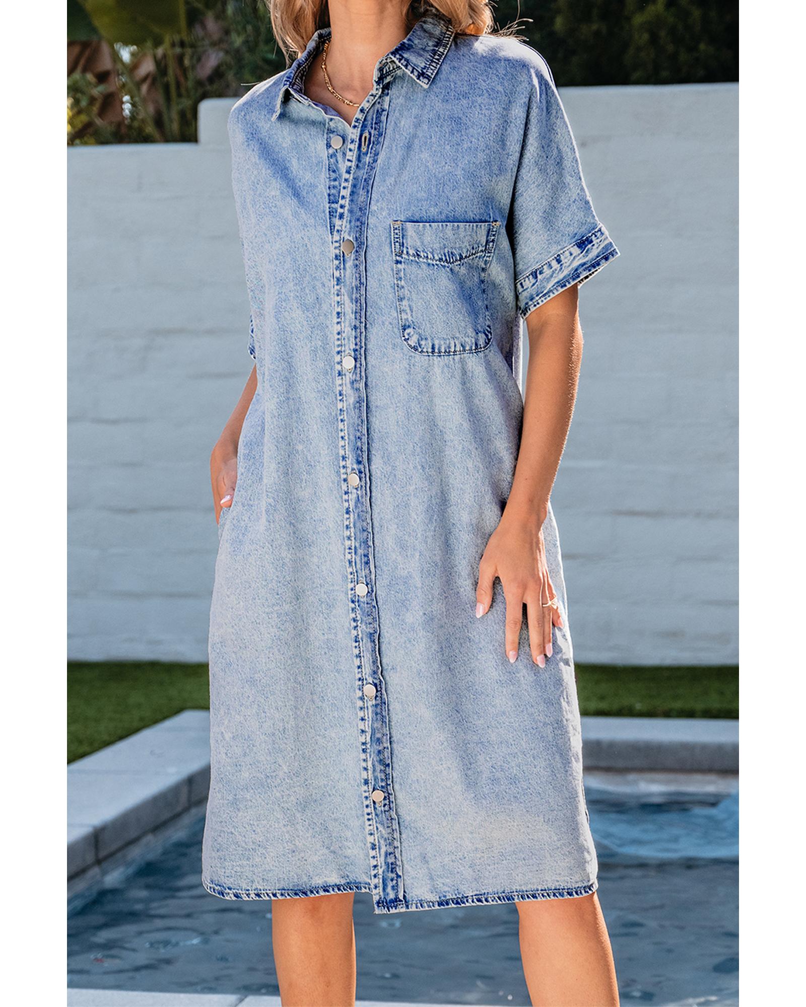Light Blue Loose Medium Wash Short Sleeve Shirt Chambray Dress - XL