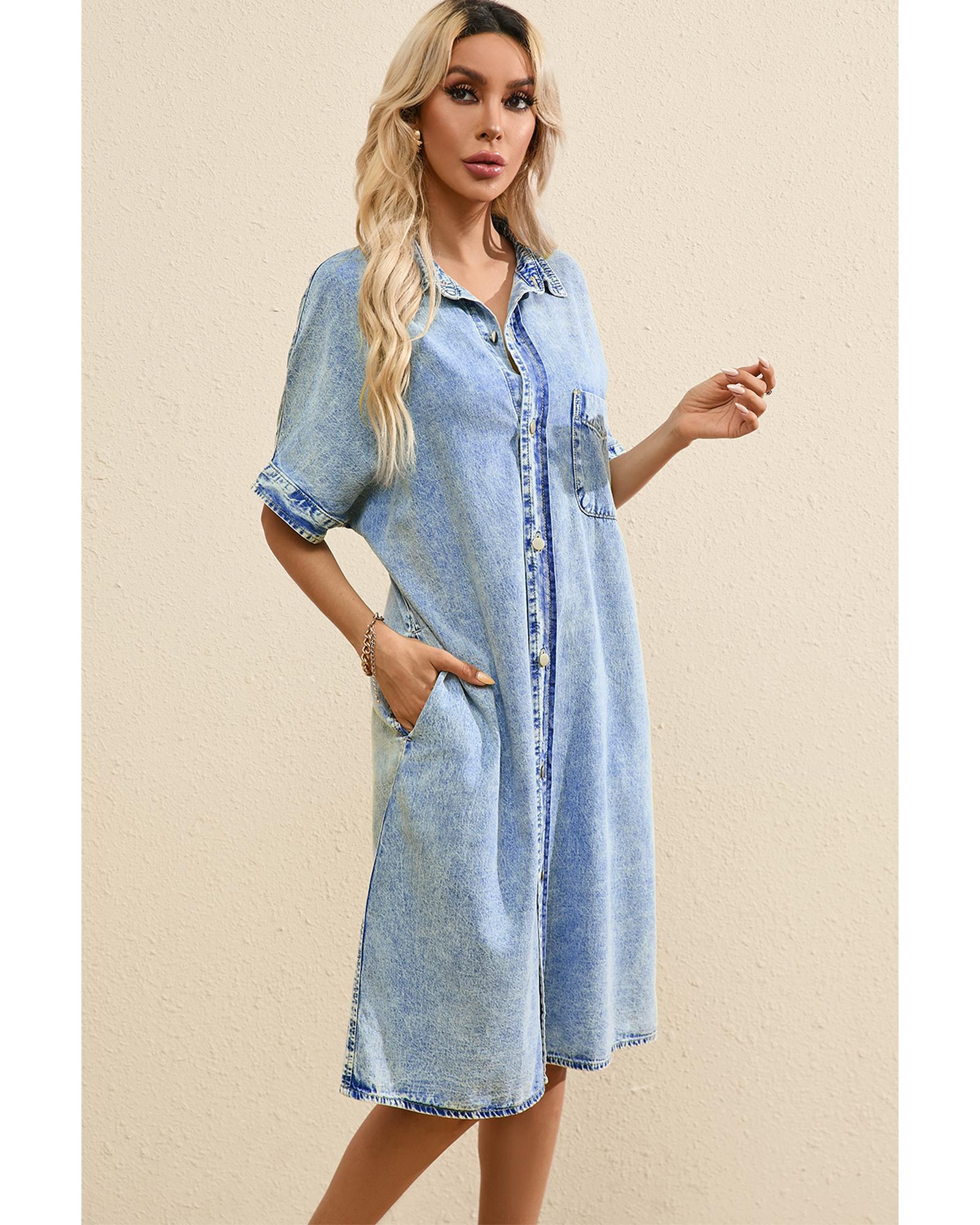 Light Blue Loose Medium Wash Short Sleeve Shirt Chambray Dress - XL