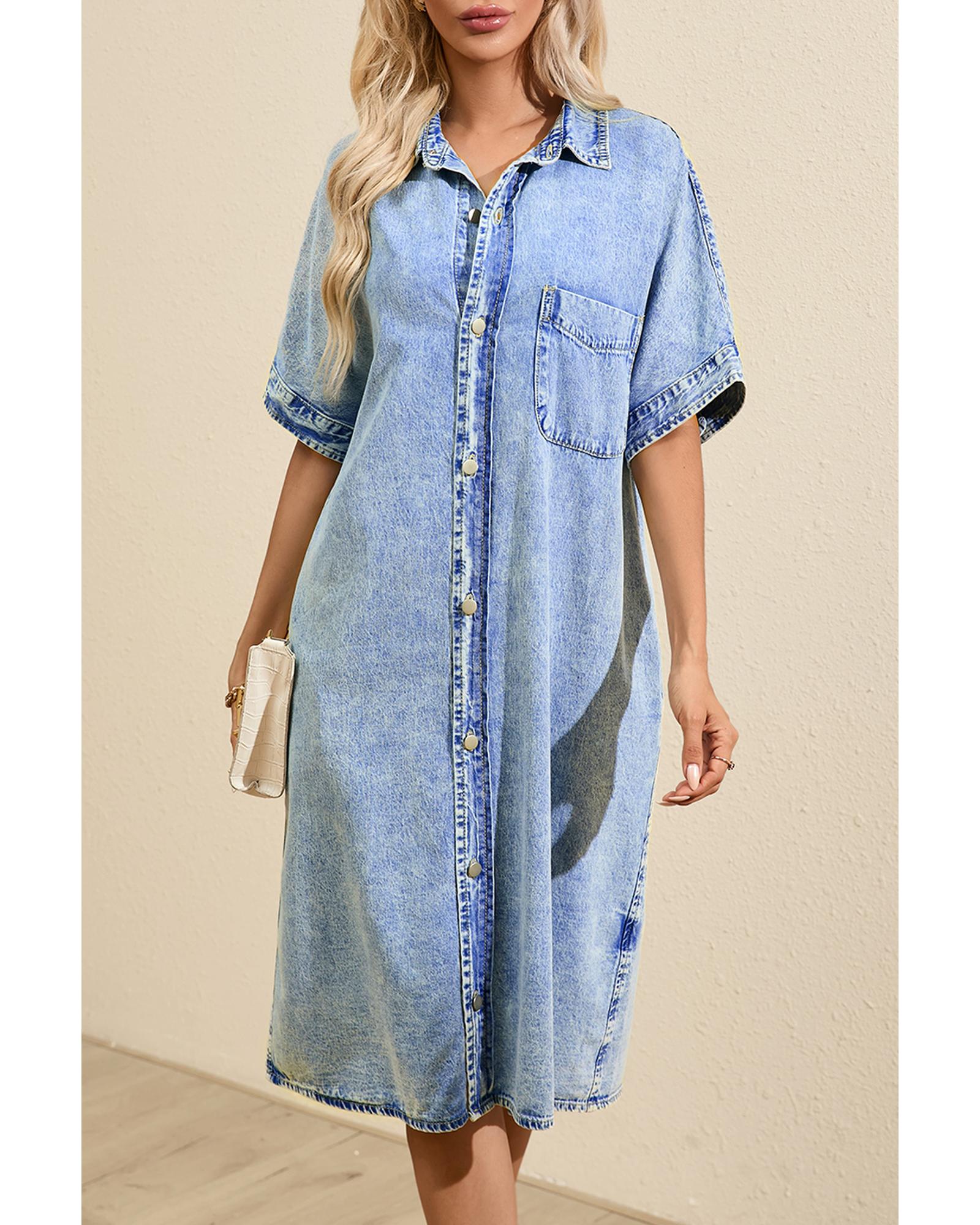 Light Blue Loose Medium Wash Short Sleeve Shirt Chambray Dress - XL