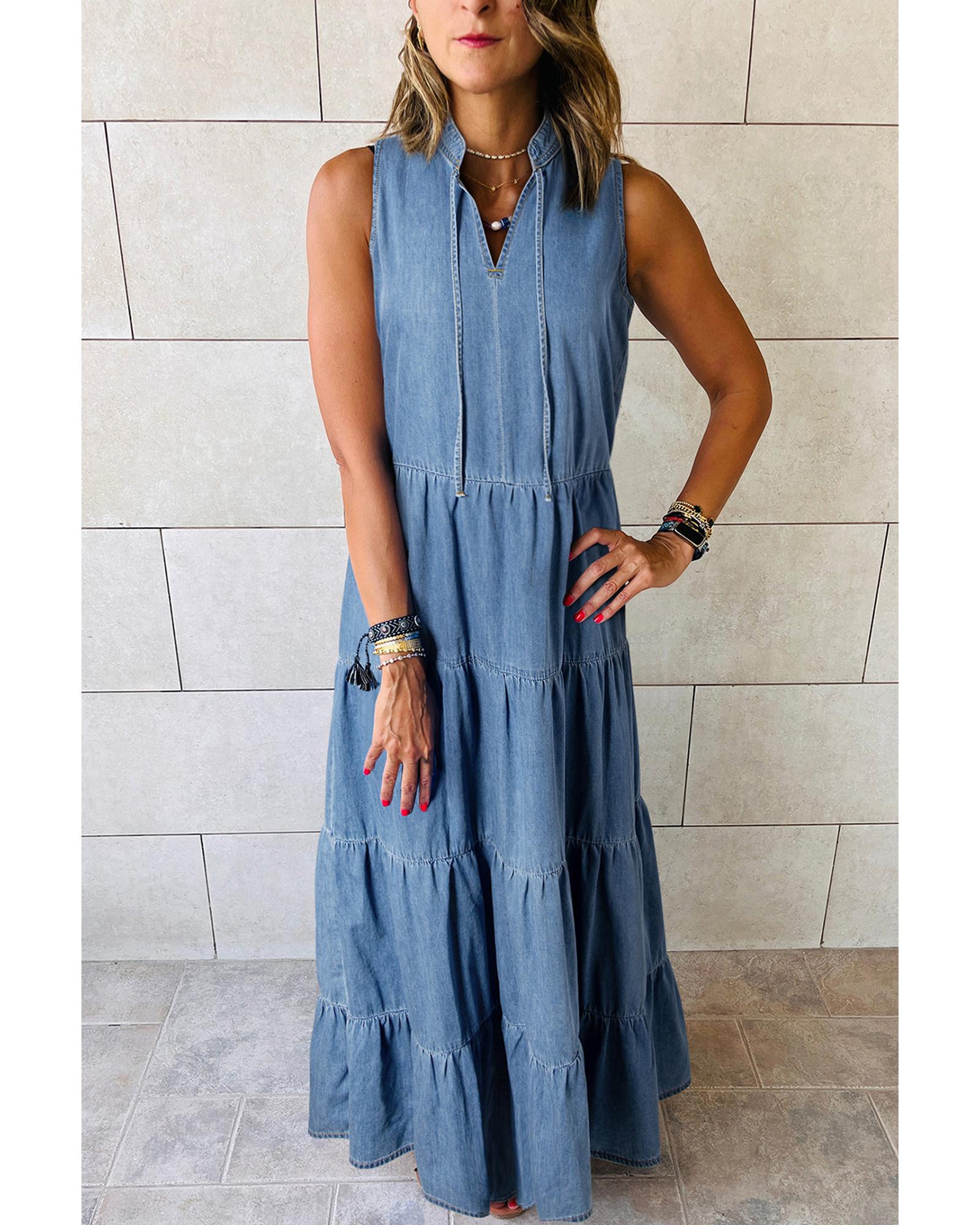 Blue Sleeveless Tiered Chambray Maxi Dress - M
