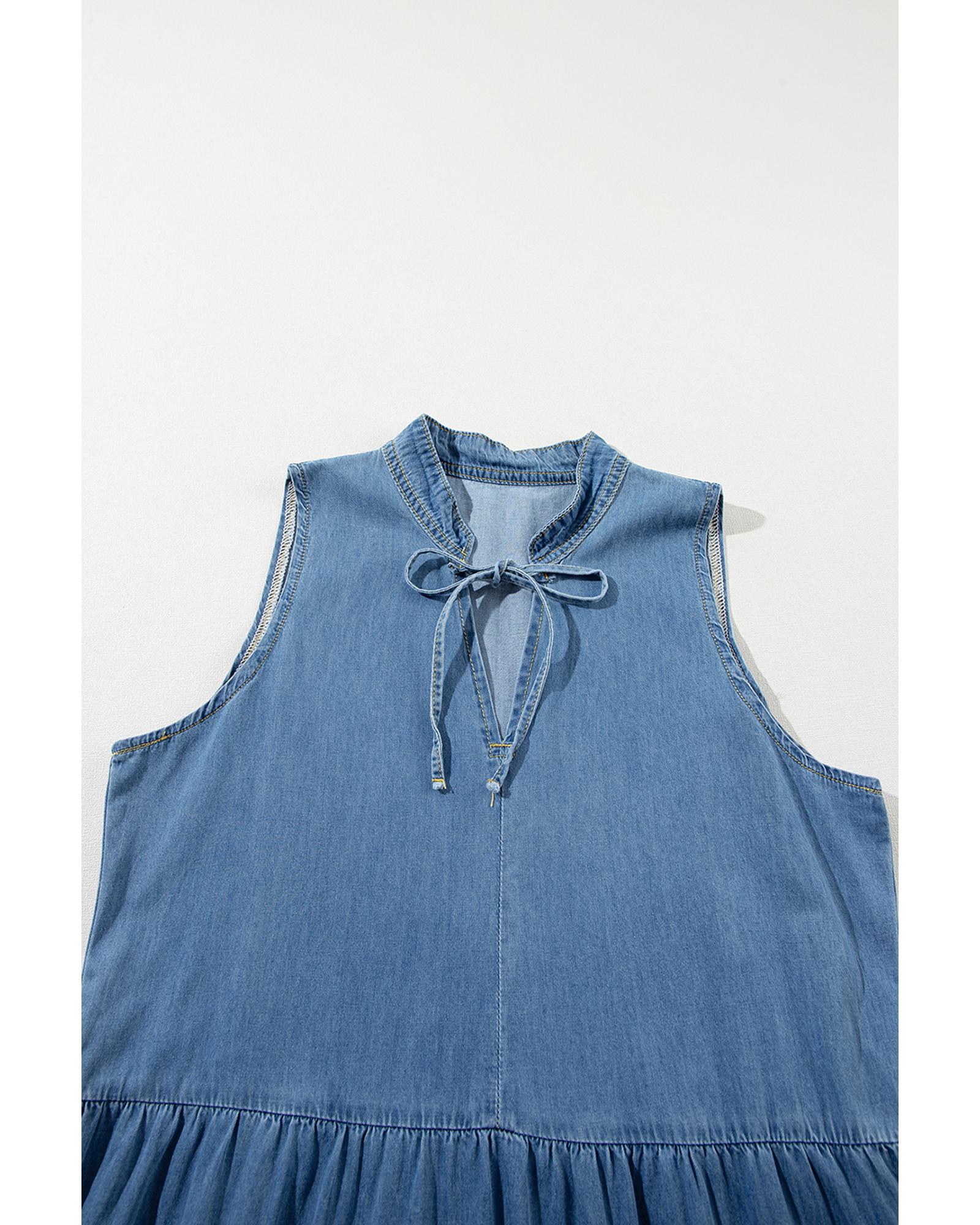 Blue Sleeveless Tiered Chambray Maxi Dress - M