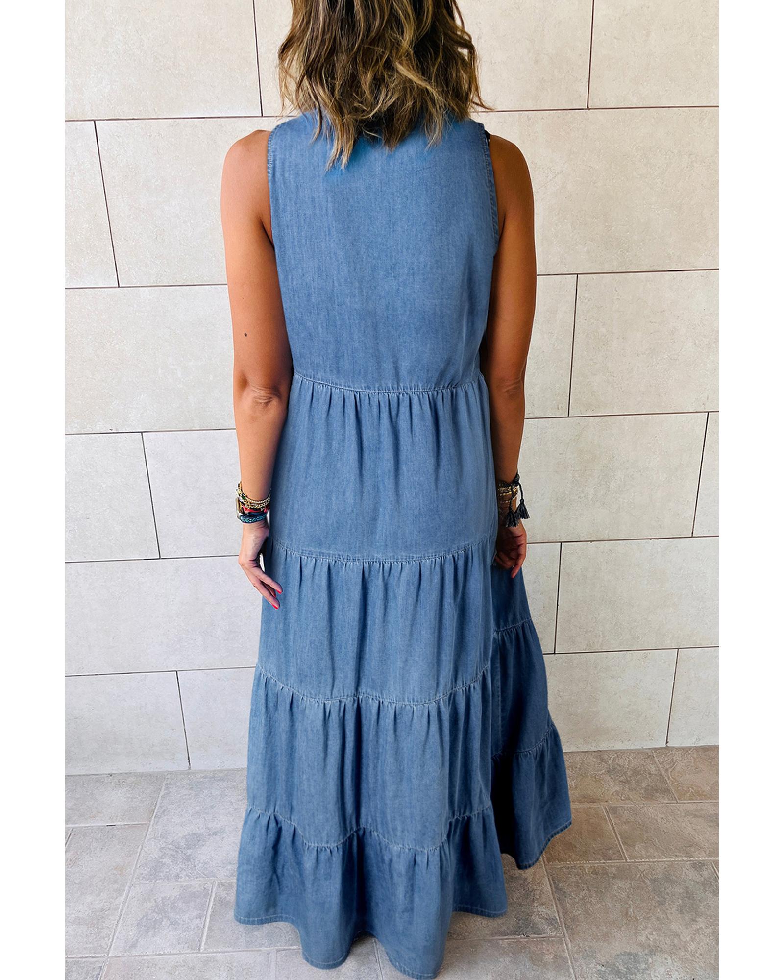 Blue Sleeveless Tiered Chambray Maxi Dress - S