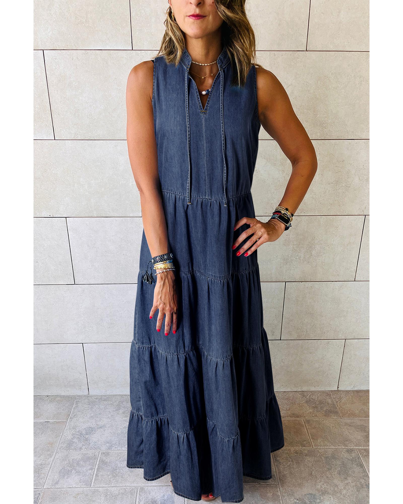 Real Teal Sleeveless Tiered Chambray Maxi Dress - M