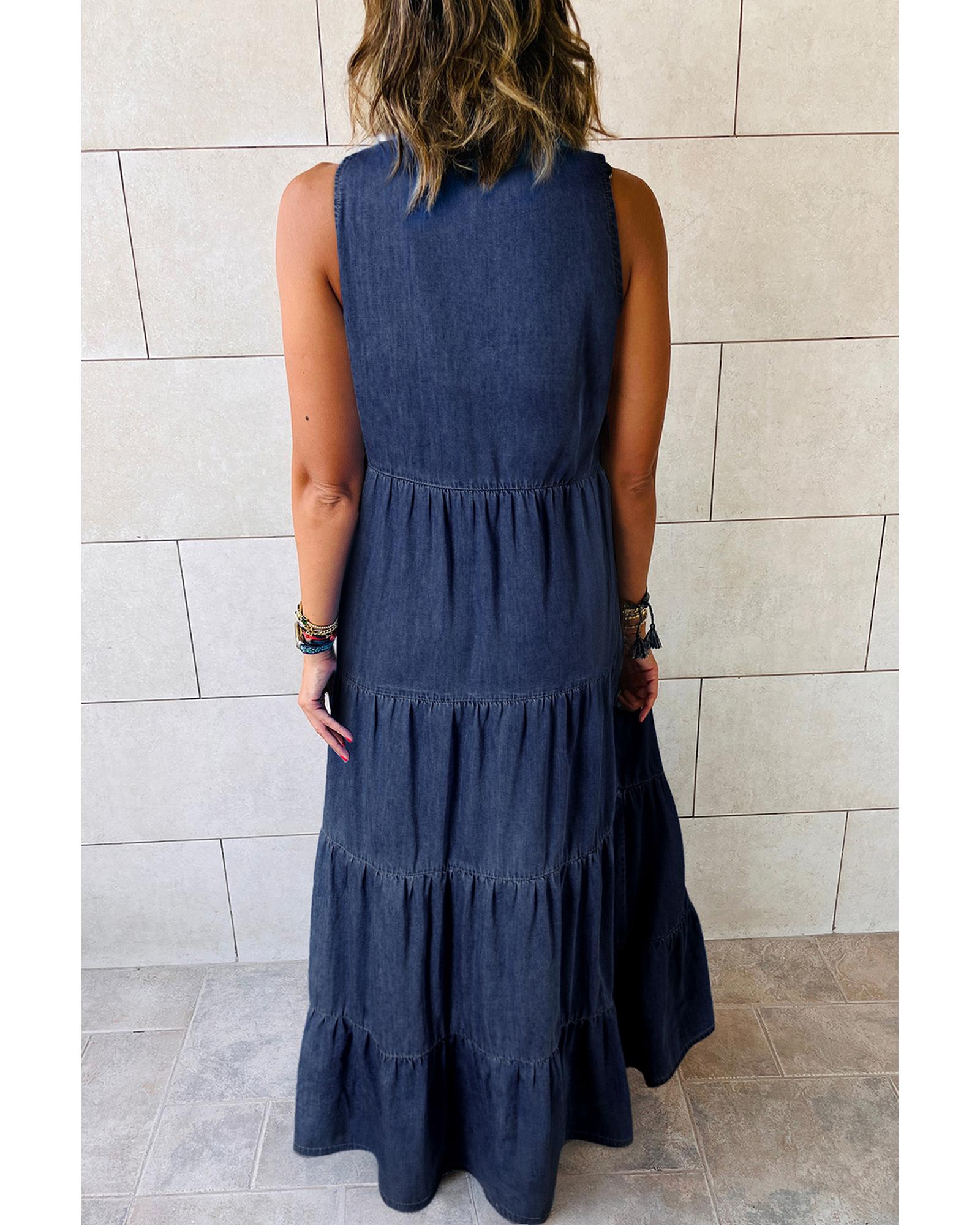 Real Teal Sleeveless Tiered Chambray Maxi Dress - M