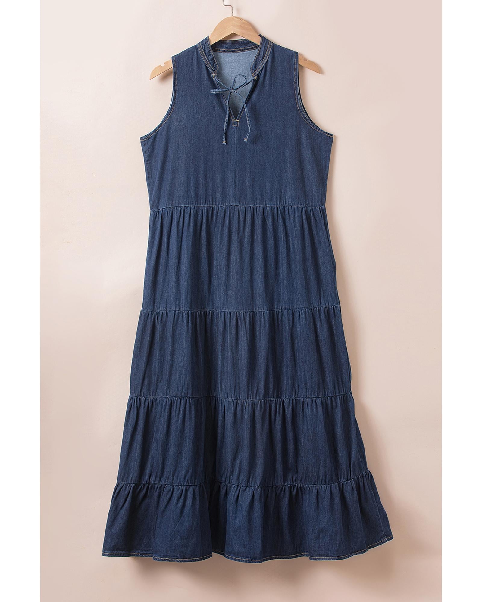 Real Teal Sleeveless Tiered Chambray Maxi Dress - S