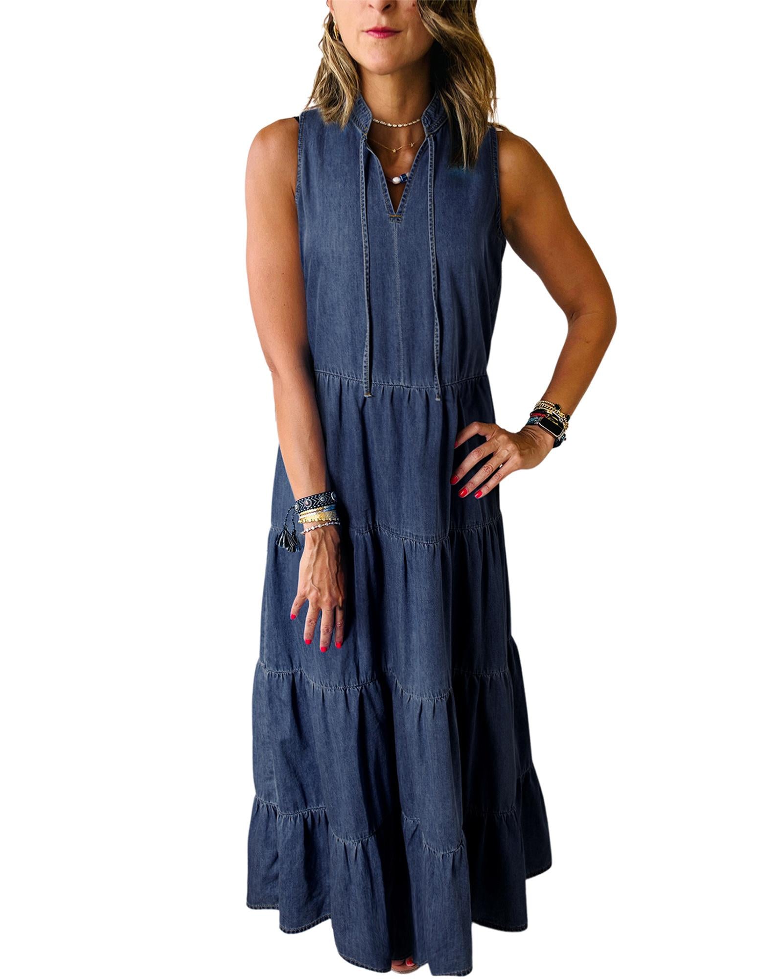 Real Teal Sleeveless Tiered Chambray Maxi Dress - S